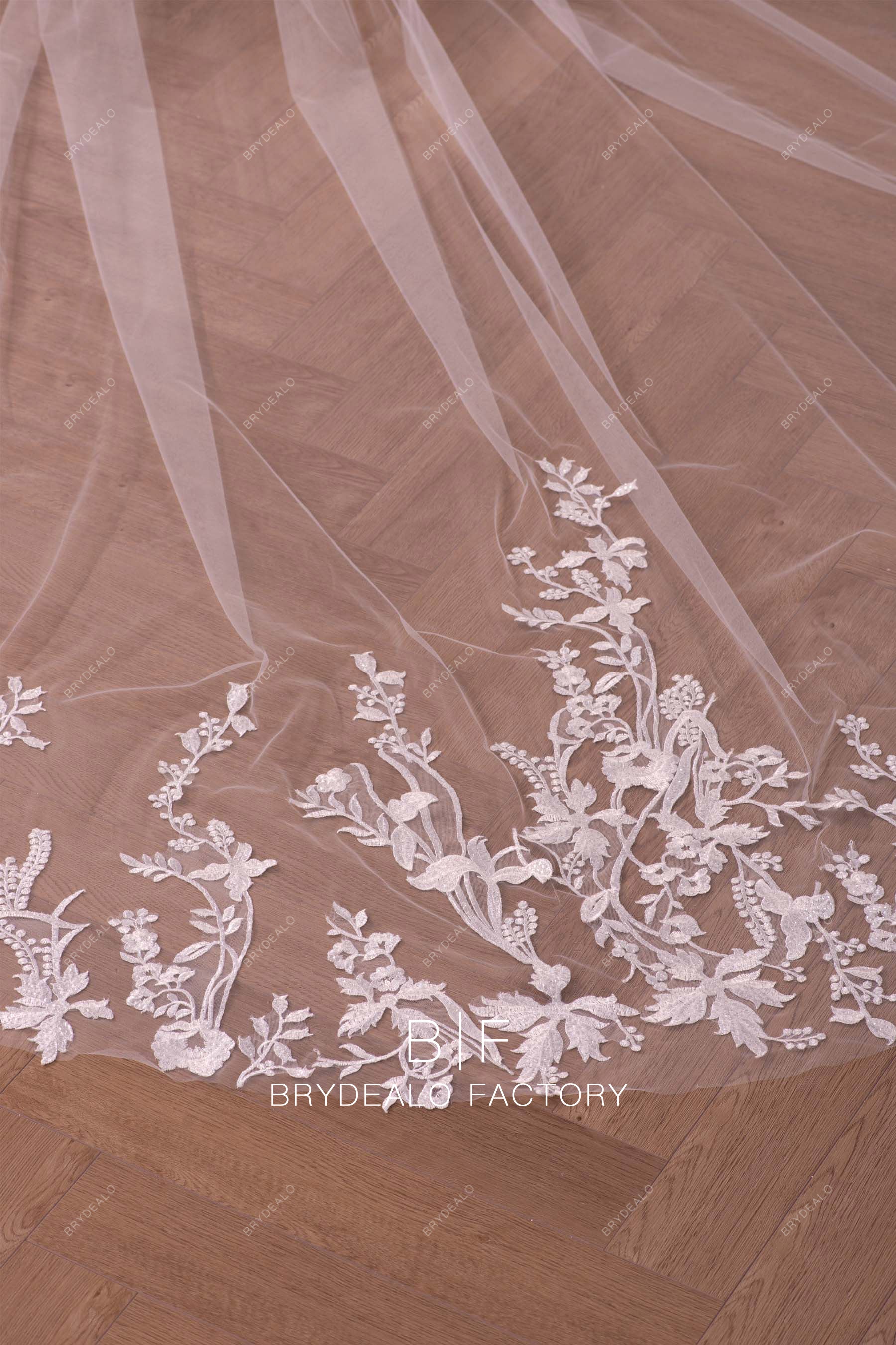Lace Adorned Raw Cut Tulle Royal Train Wholesale Wedding Veil