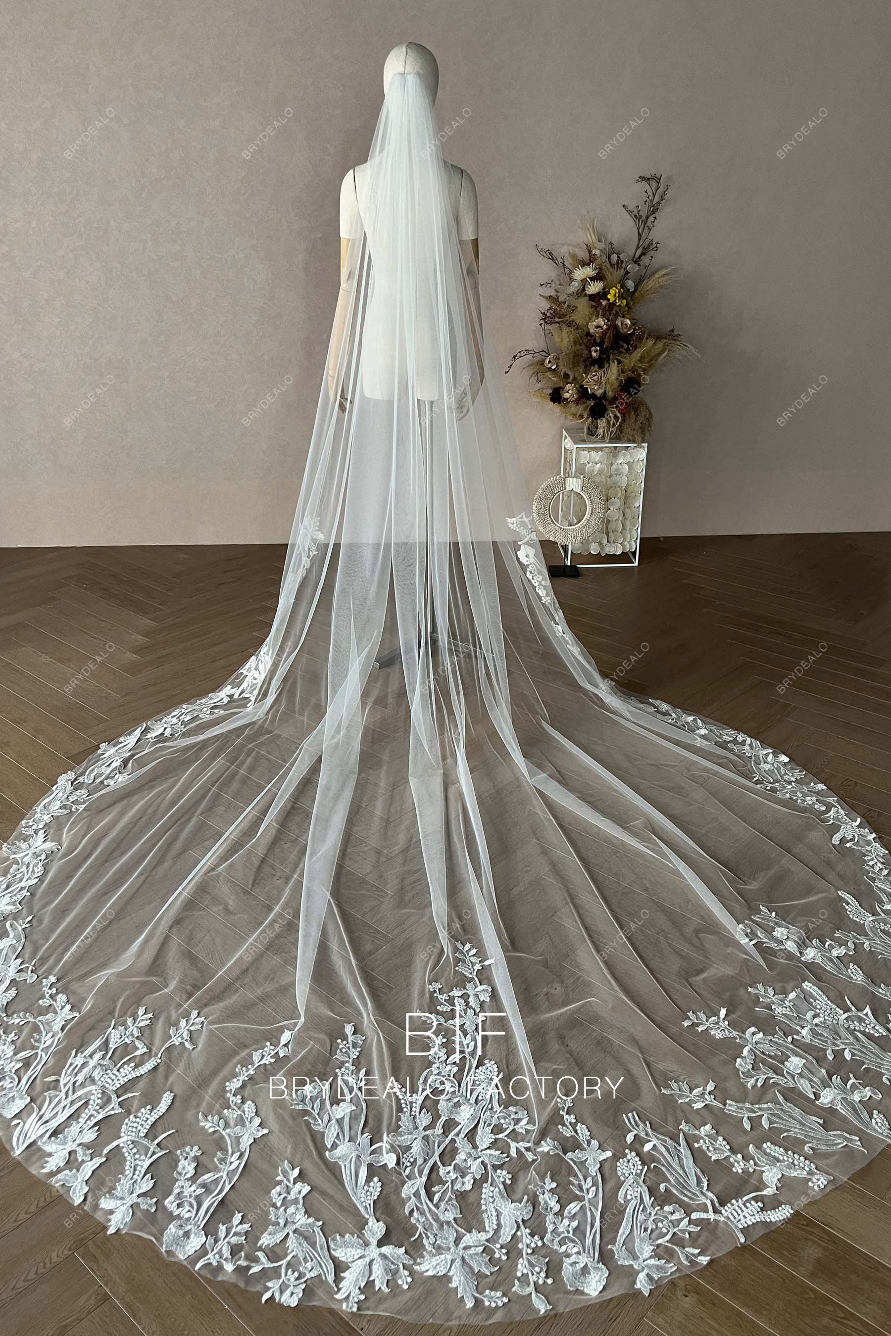 Lace Adorned Raw Cut Tulle Royal Train Wholesale Wedding Veil