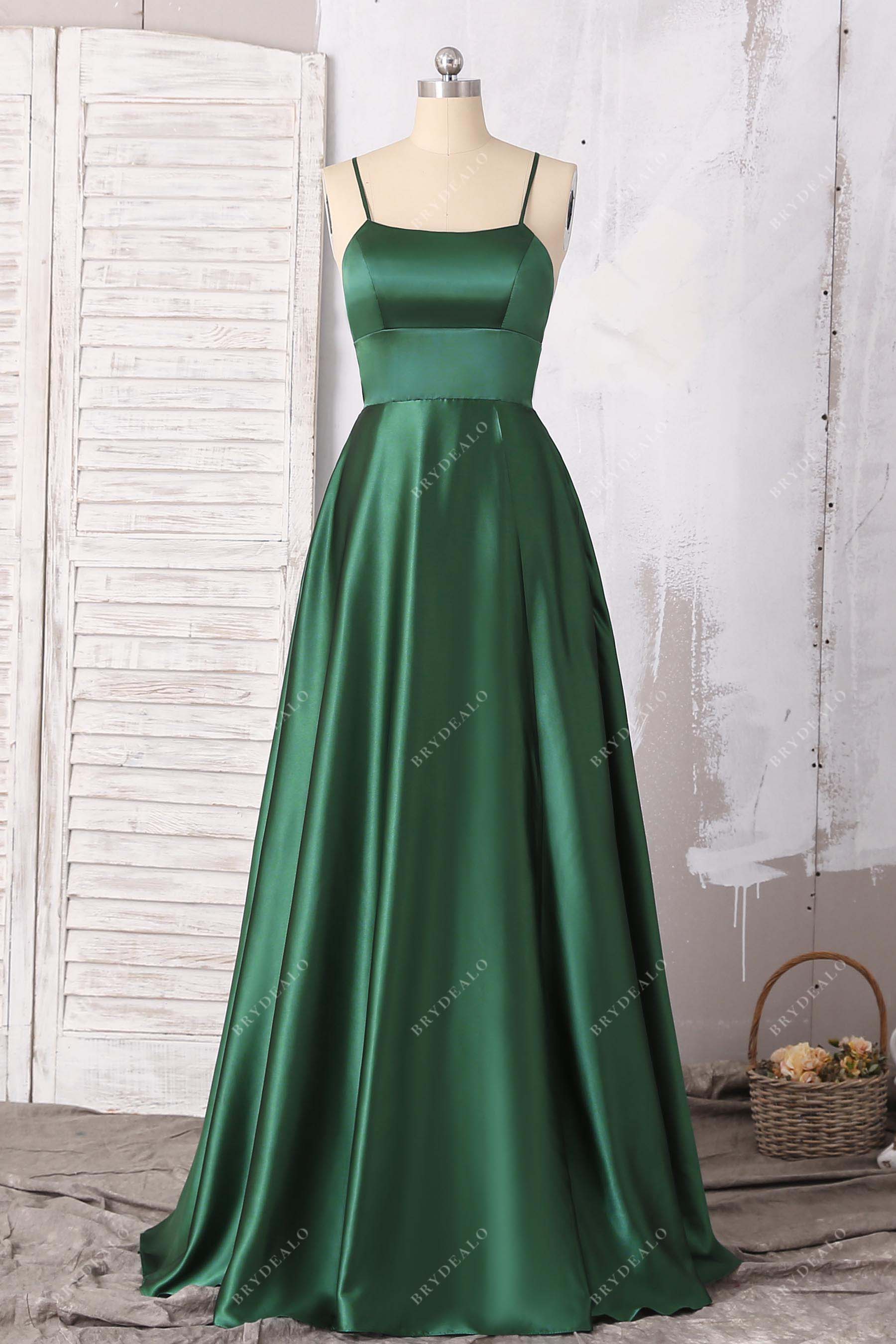 Emerald Green Strappy Back Slit Satin Prom Dress Emerald Green Strappy Back Slit Satin Prom Dress
