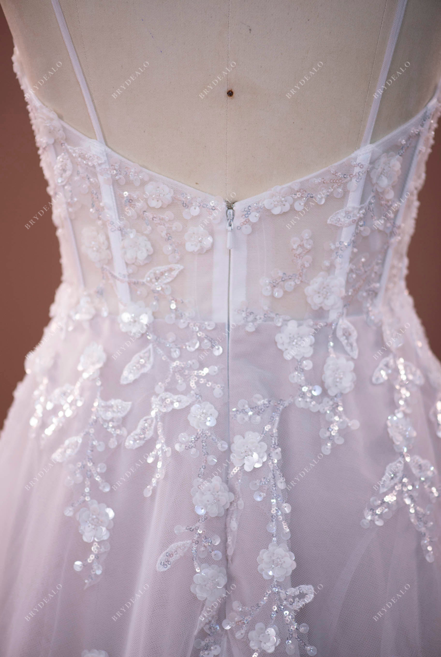 ethereal corset straps illusion back sequined flower lace bridal gown
