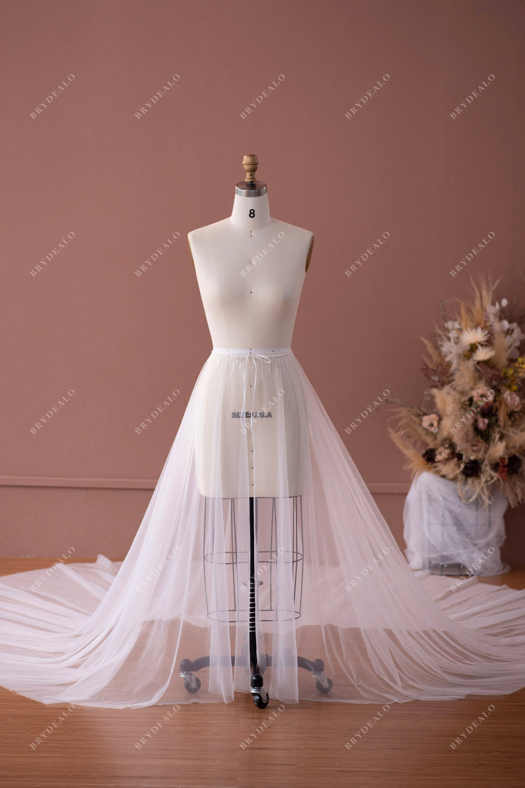 crepe mini dress with sequined tulle overskirt Detachable Long Beaded Tulle Bridal Overskirt