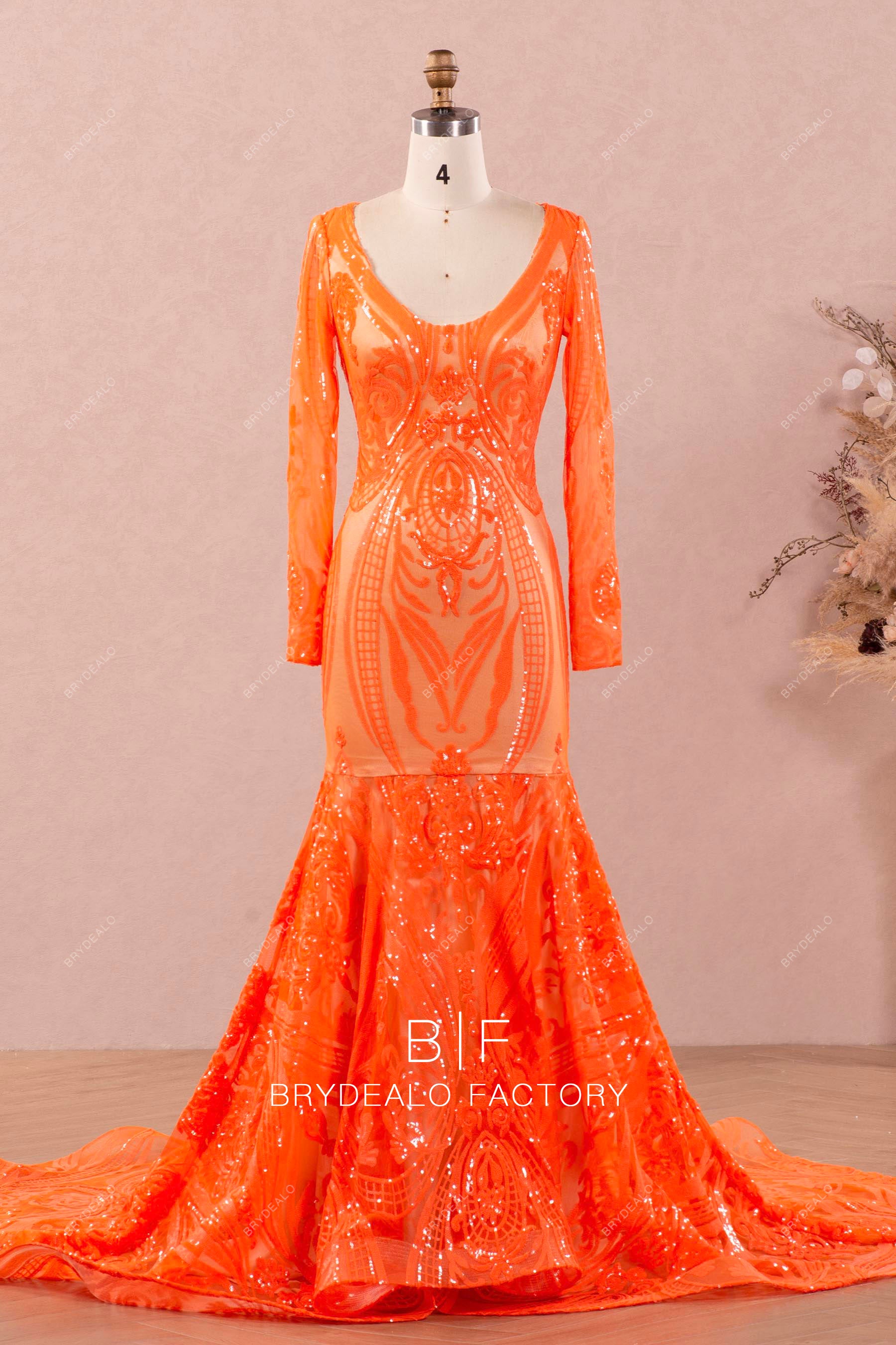 Orange Sequins Long Sleeve Split Prom Dress