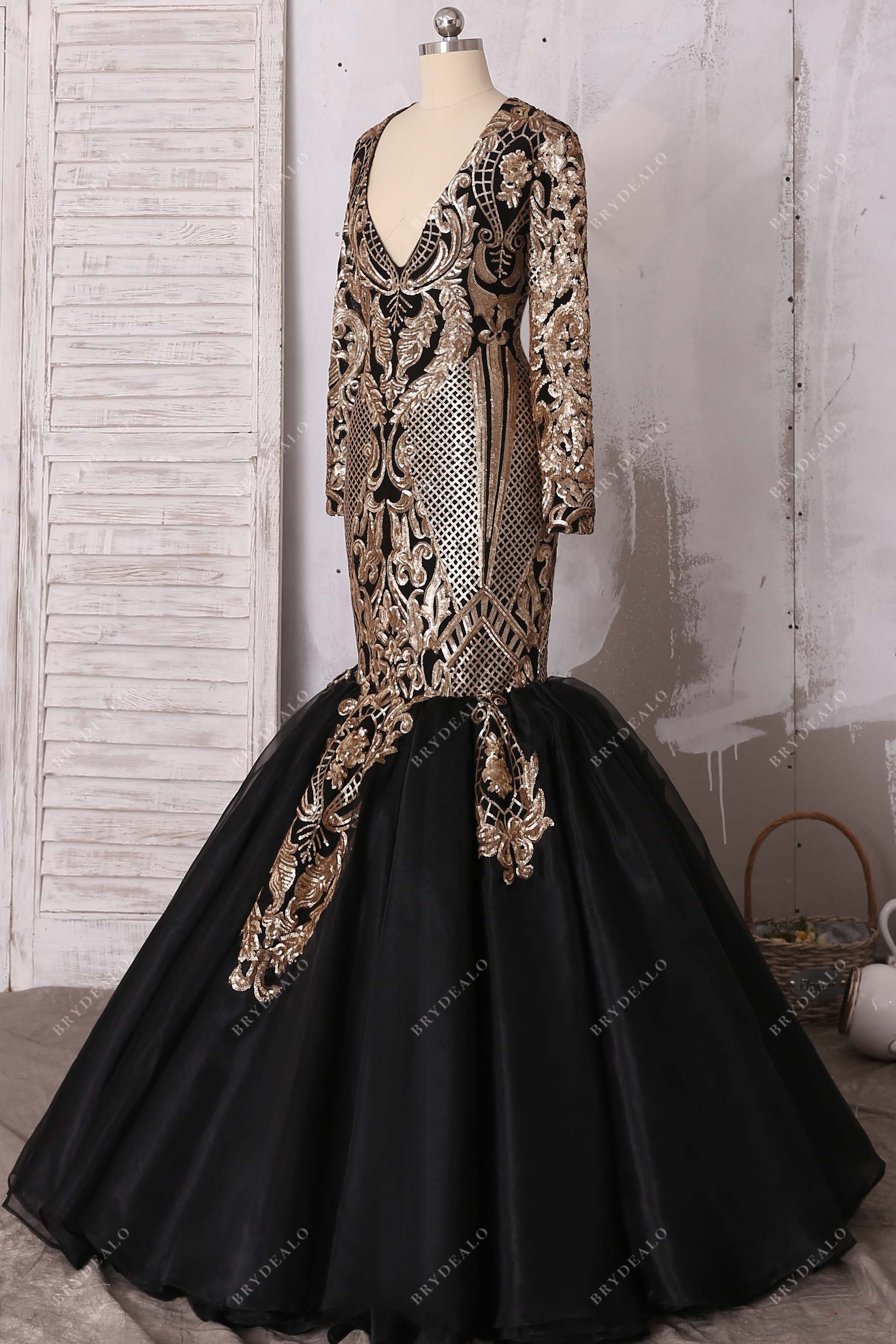 floor length black organza long sleeves prom gown