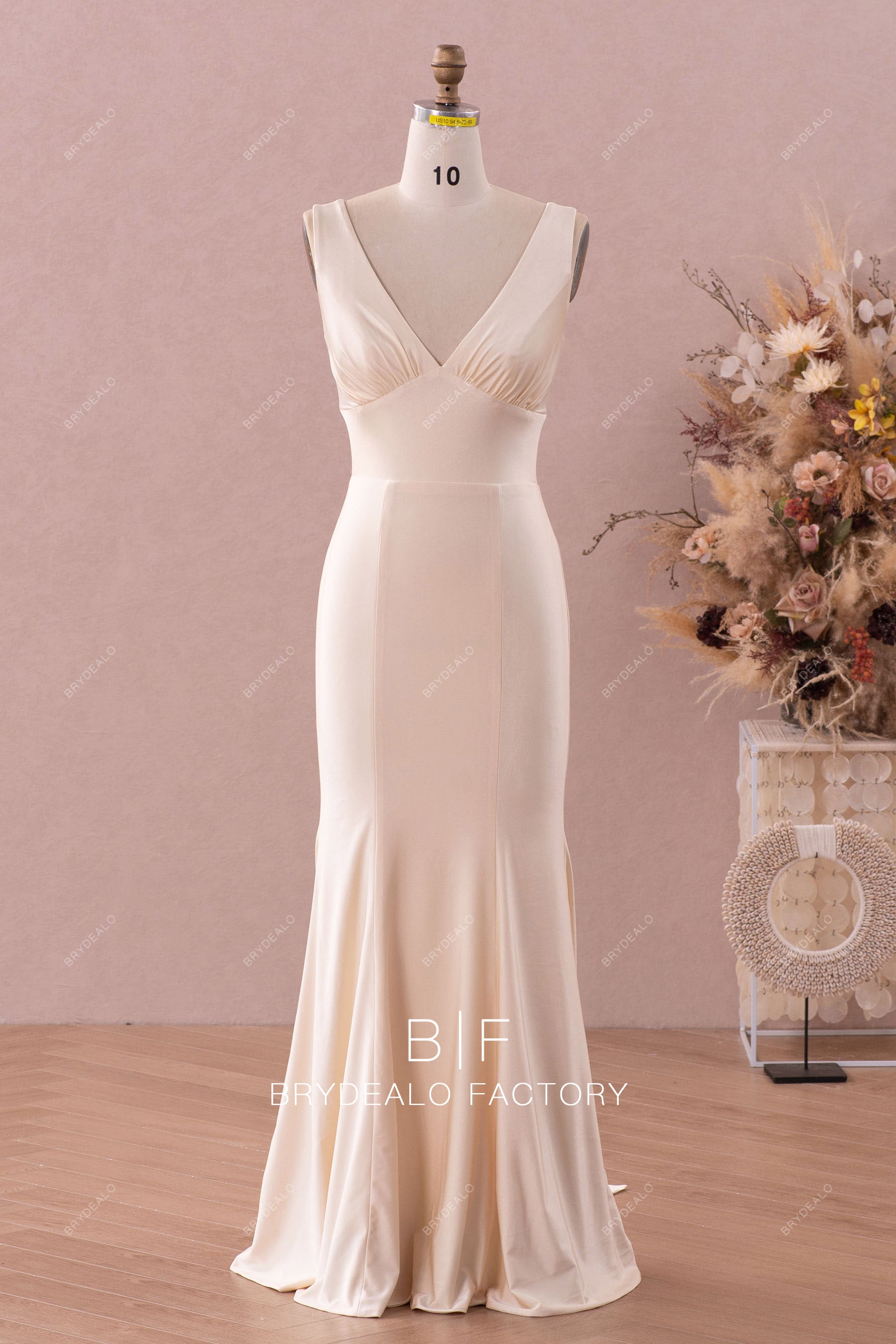 floor length jersey plunging bridesmaid dress