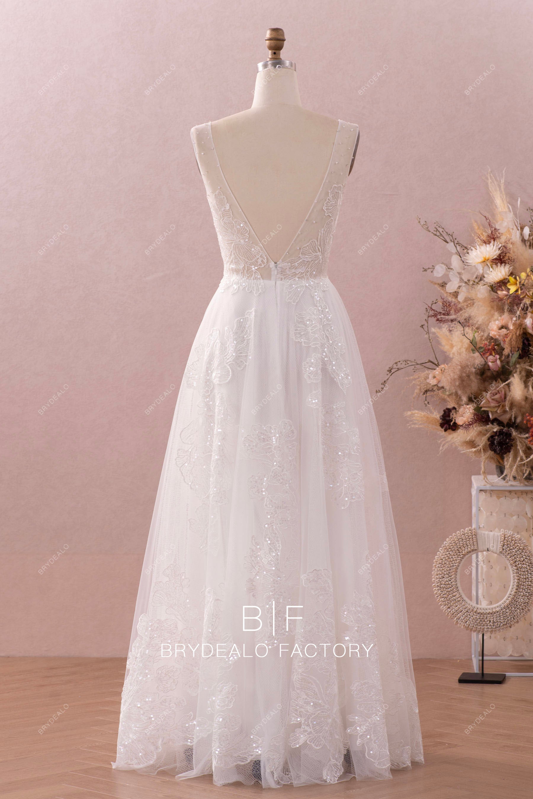 floor length open back lace wedding dress