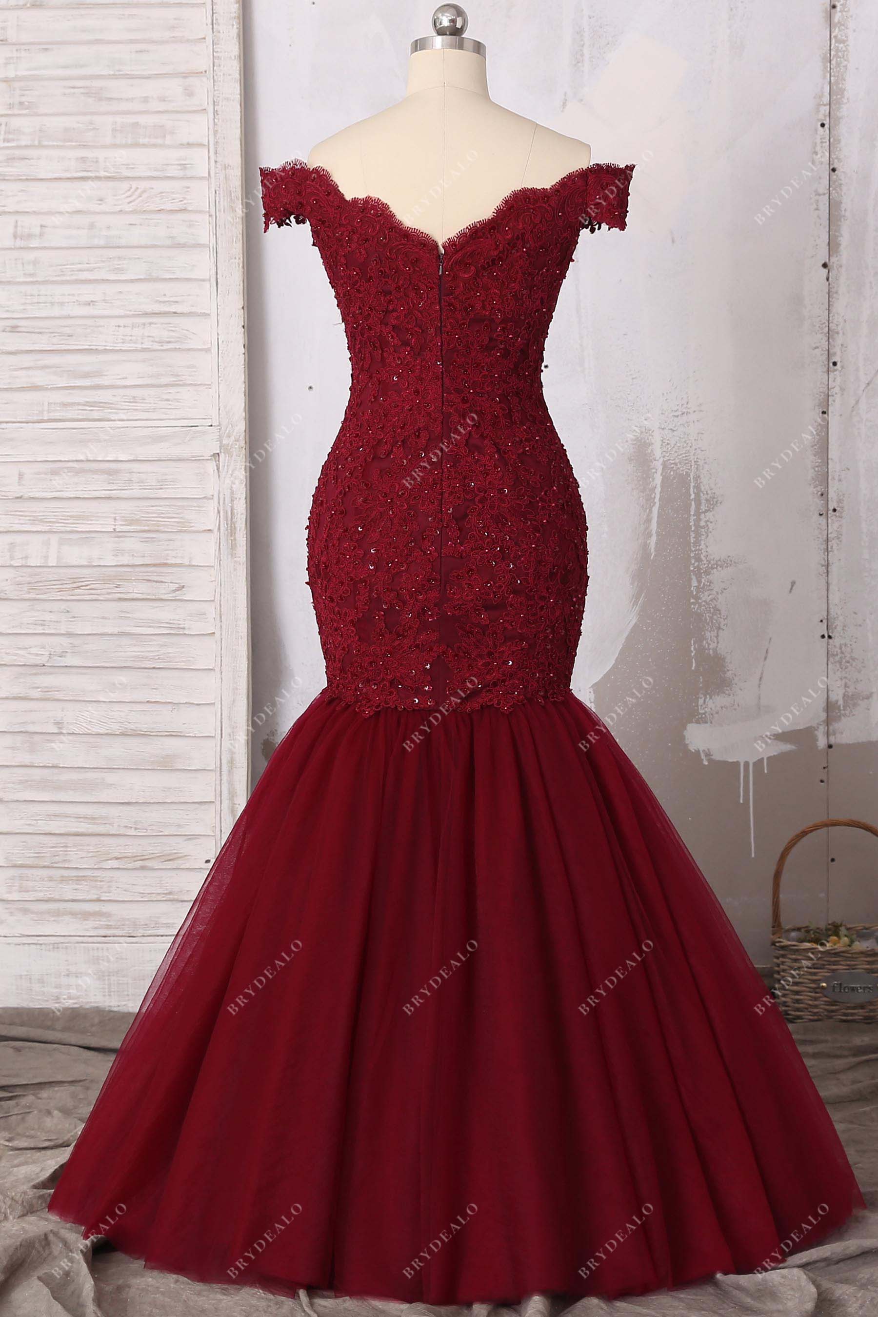 floor length scalloped off-shoulder prom dress