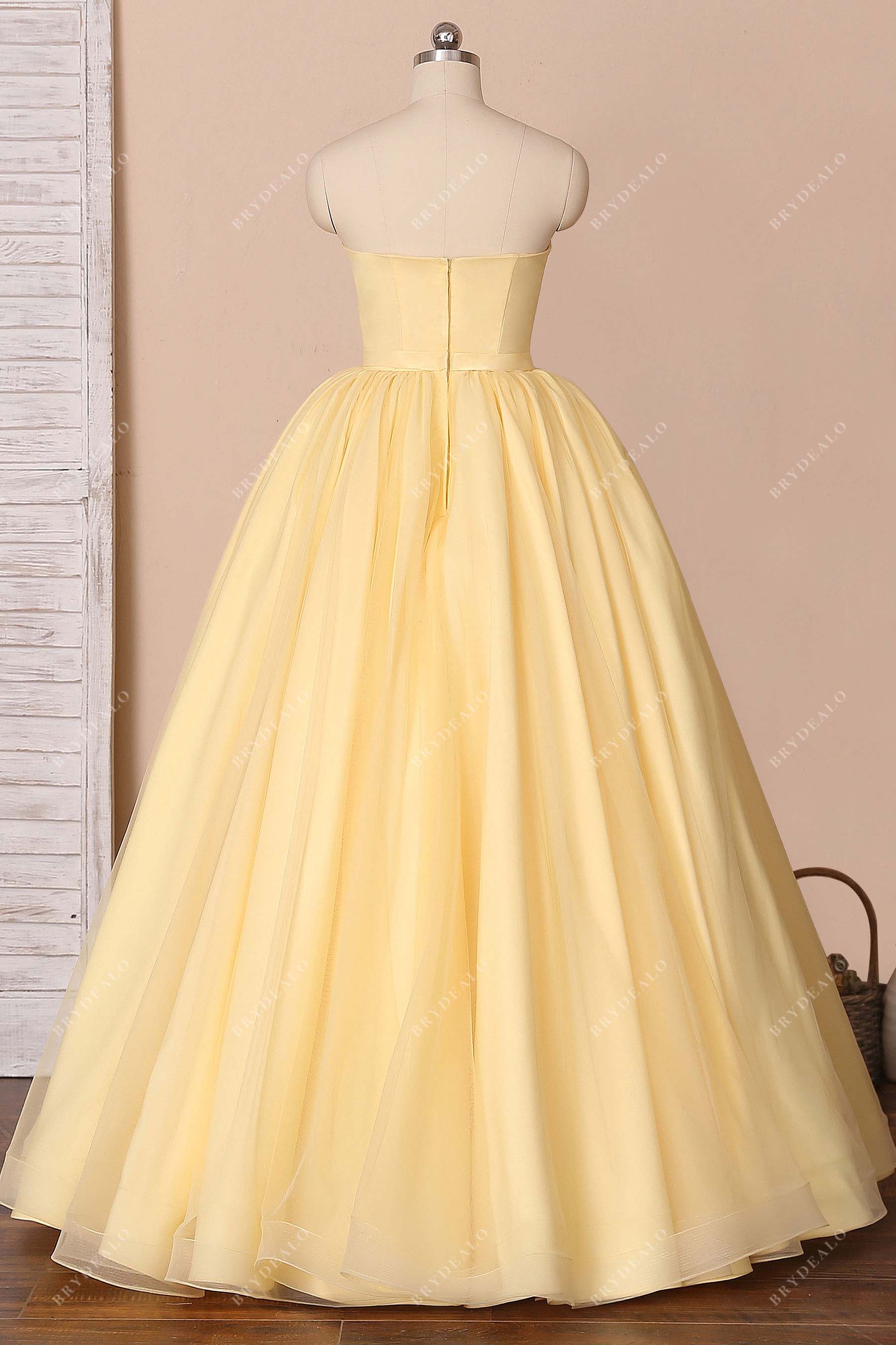 floor length yellow organza prom gown