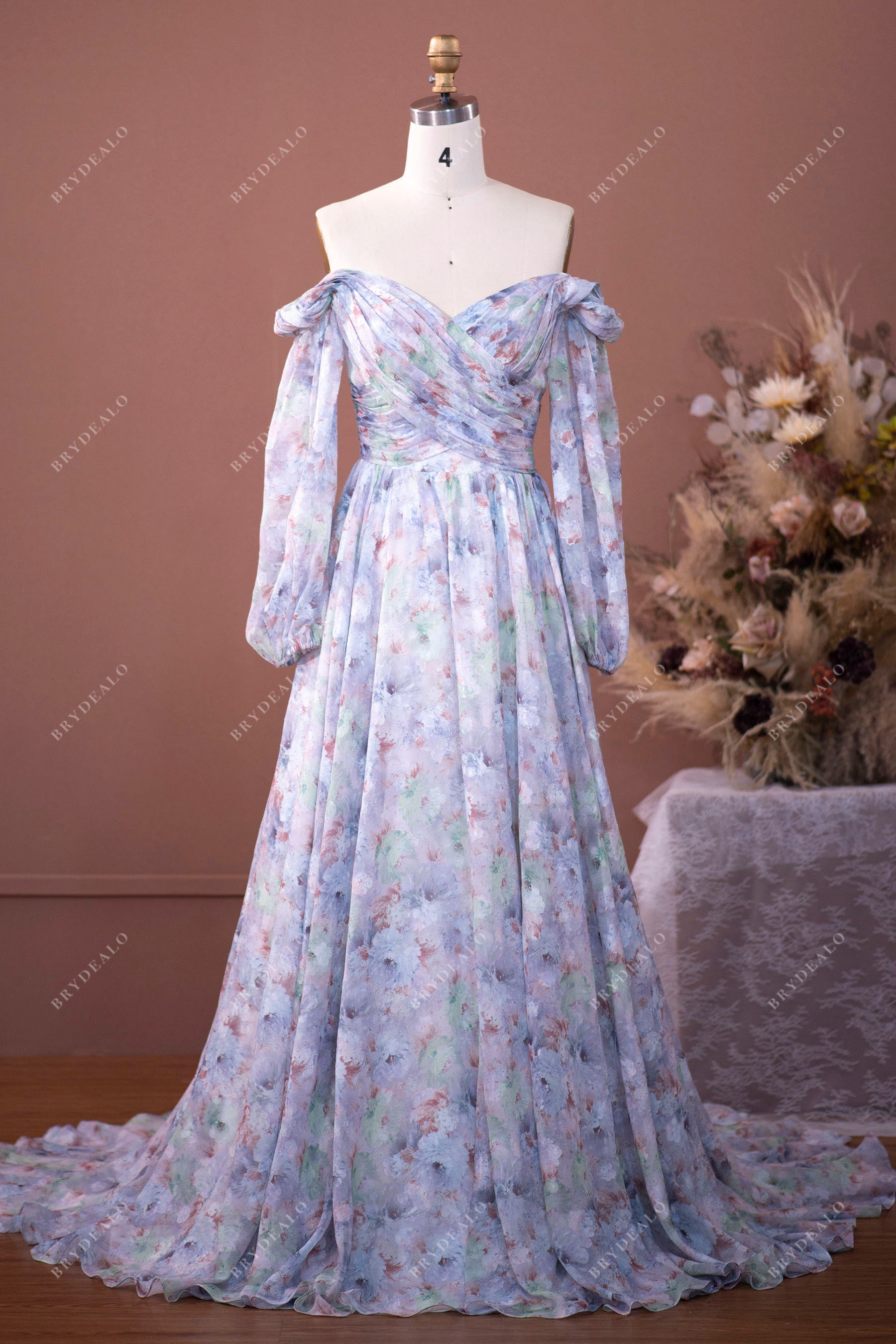 Floral Chiffon Off Shoulder Sleeved Wedding Dress