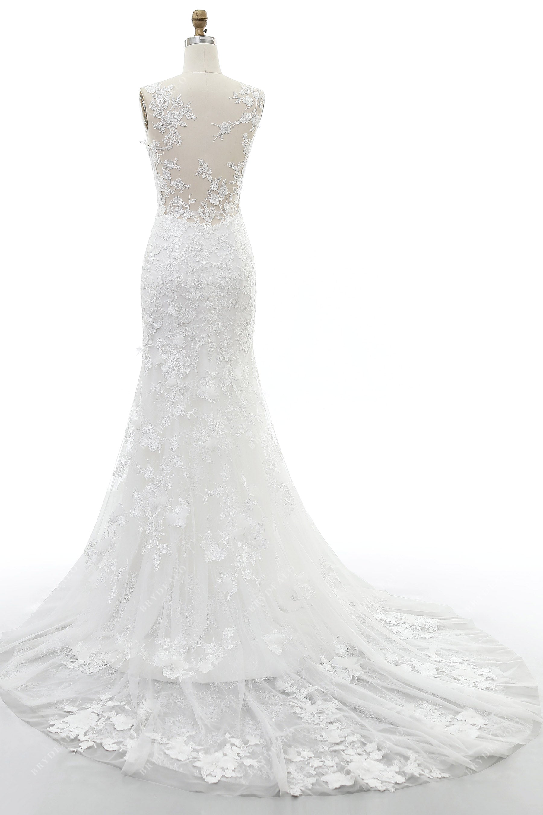 illusion open back long train bridal dress