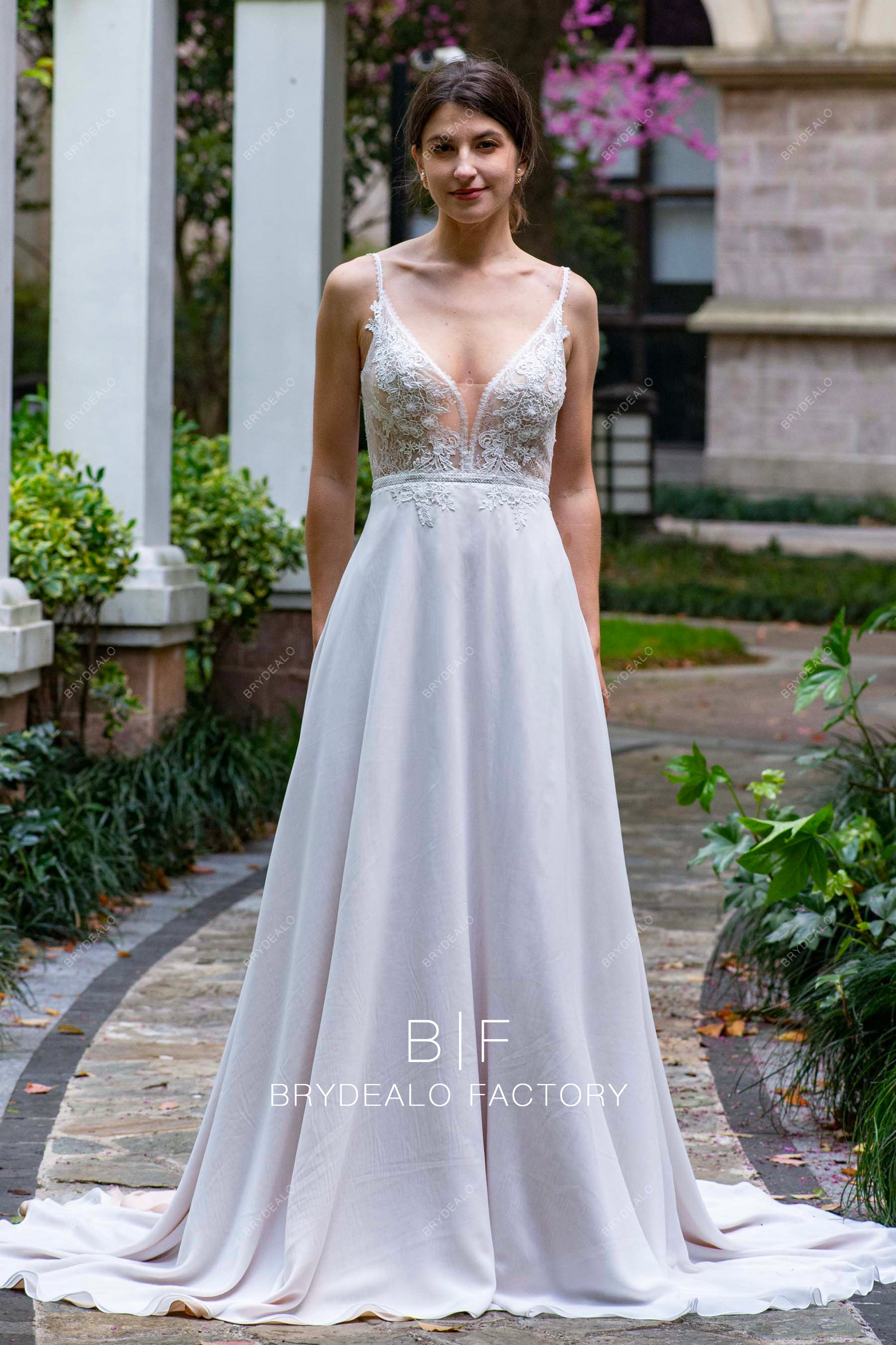 flower lace chiffon Aline boho wedding dress