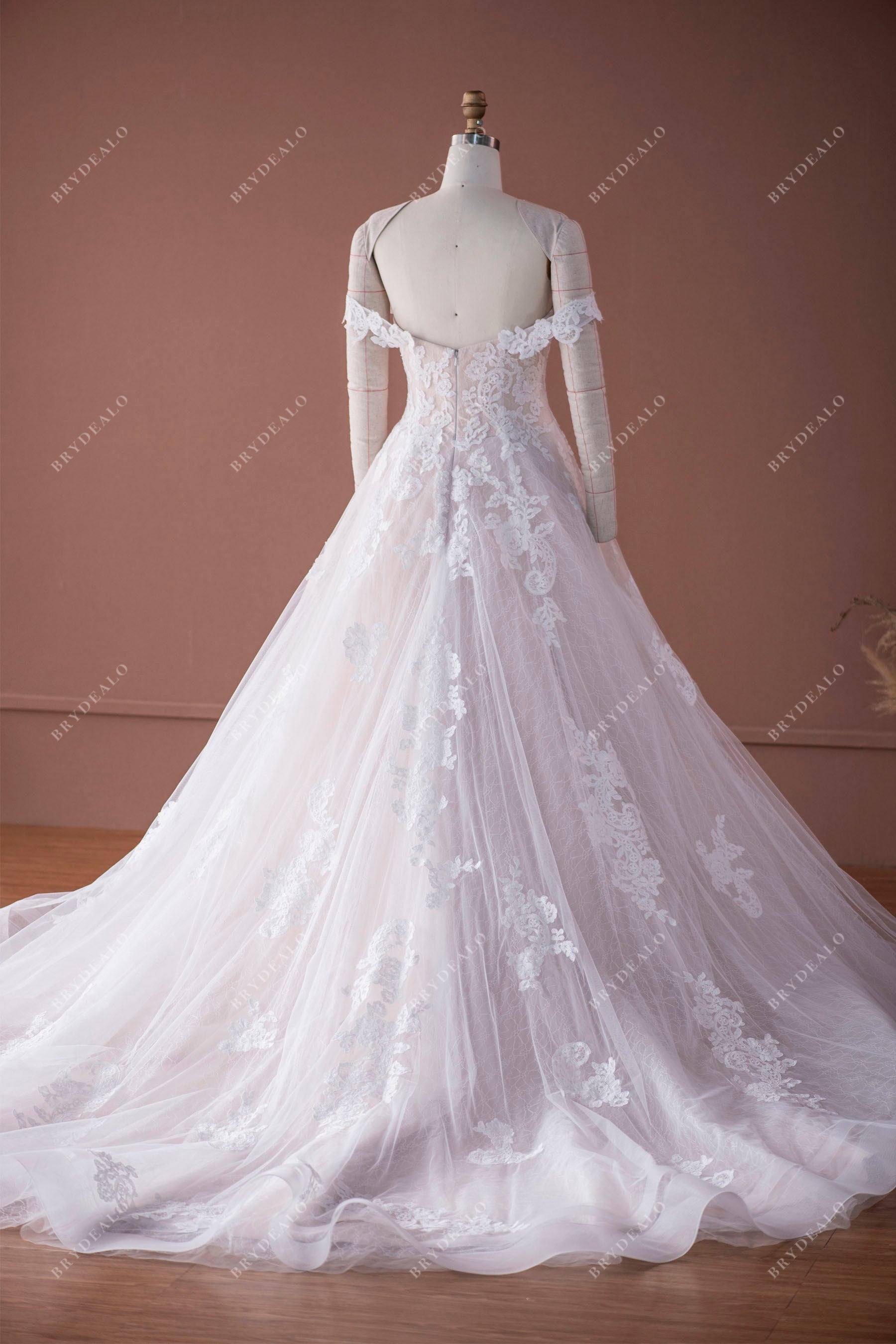 flower lace off shoulder long puffy ballgown wedding dress