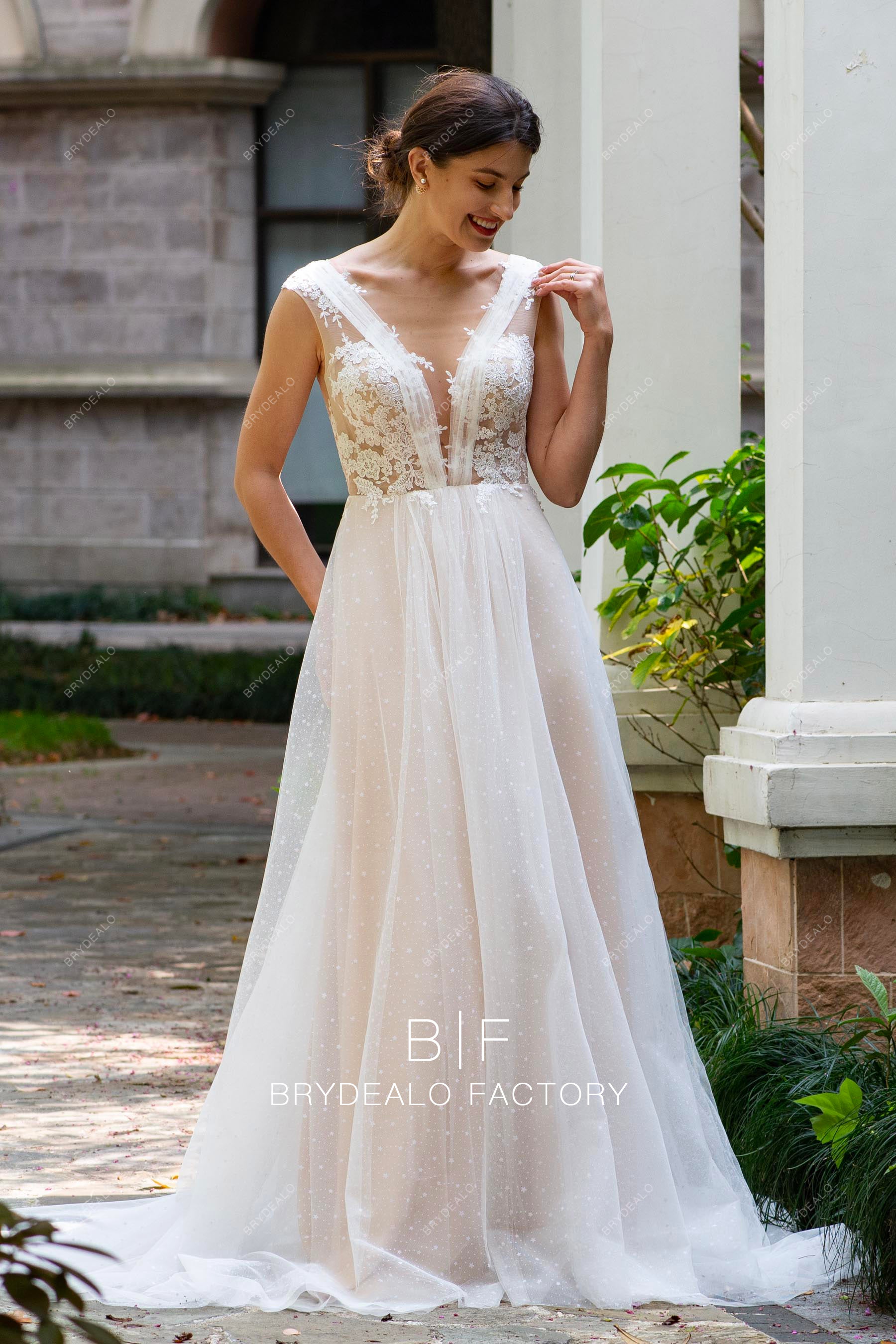 Flower Lace Pleated Plunging Boho Wedding Dress Light Ivory Flower Lace Pleated Plunging Boho Wedding Dress Light Ivory