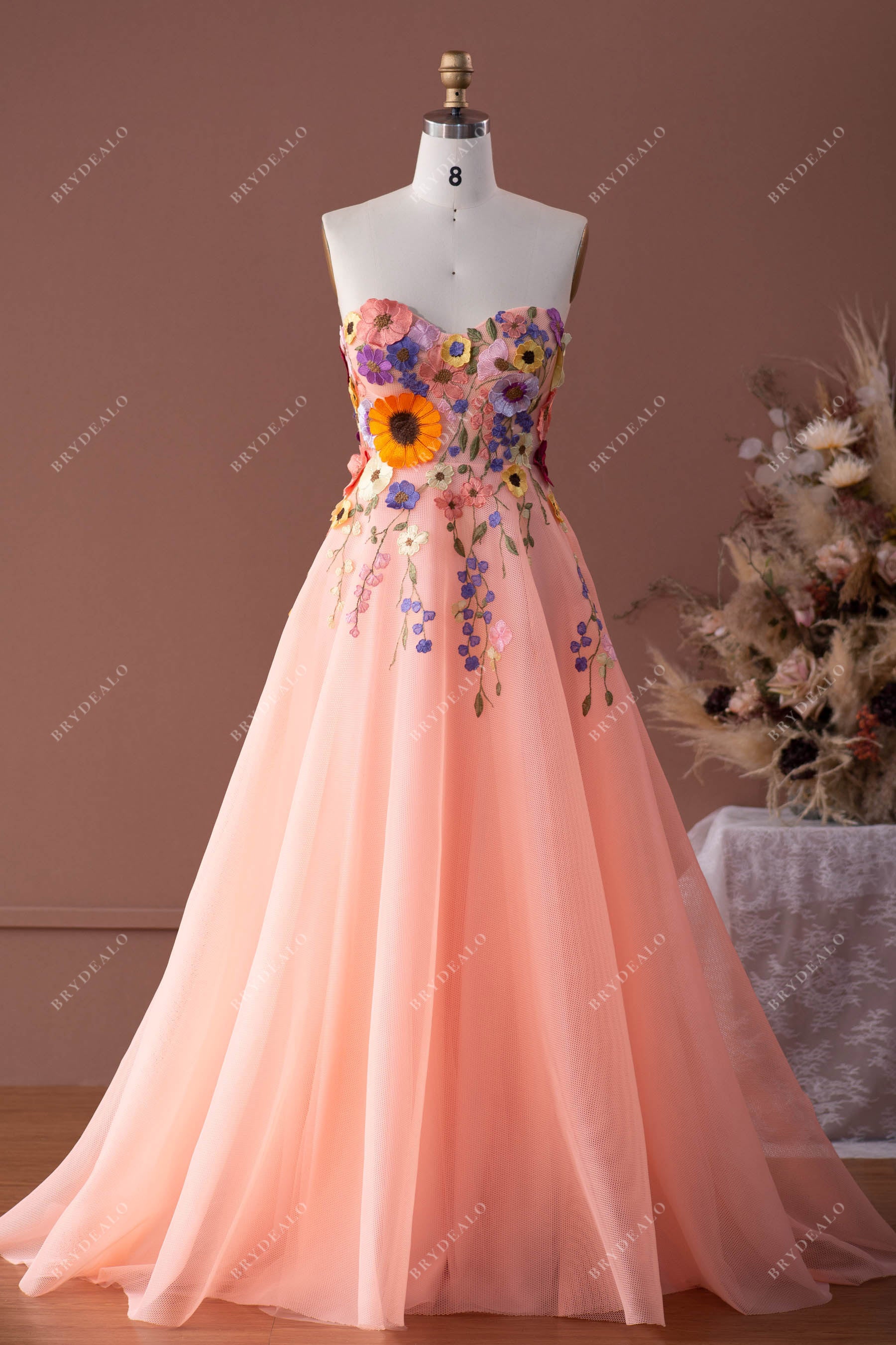 Sample Sale Peach Pink Flower Sweetheart A line Prom Formal Dress