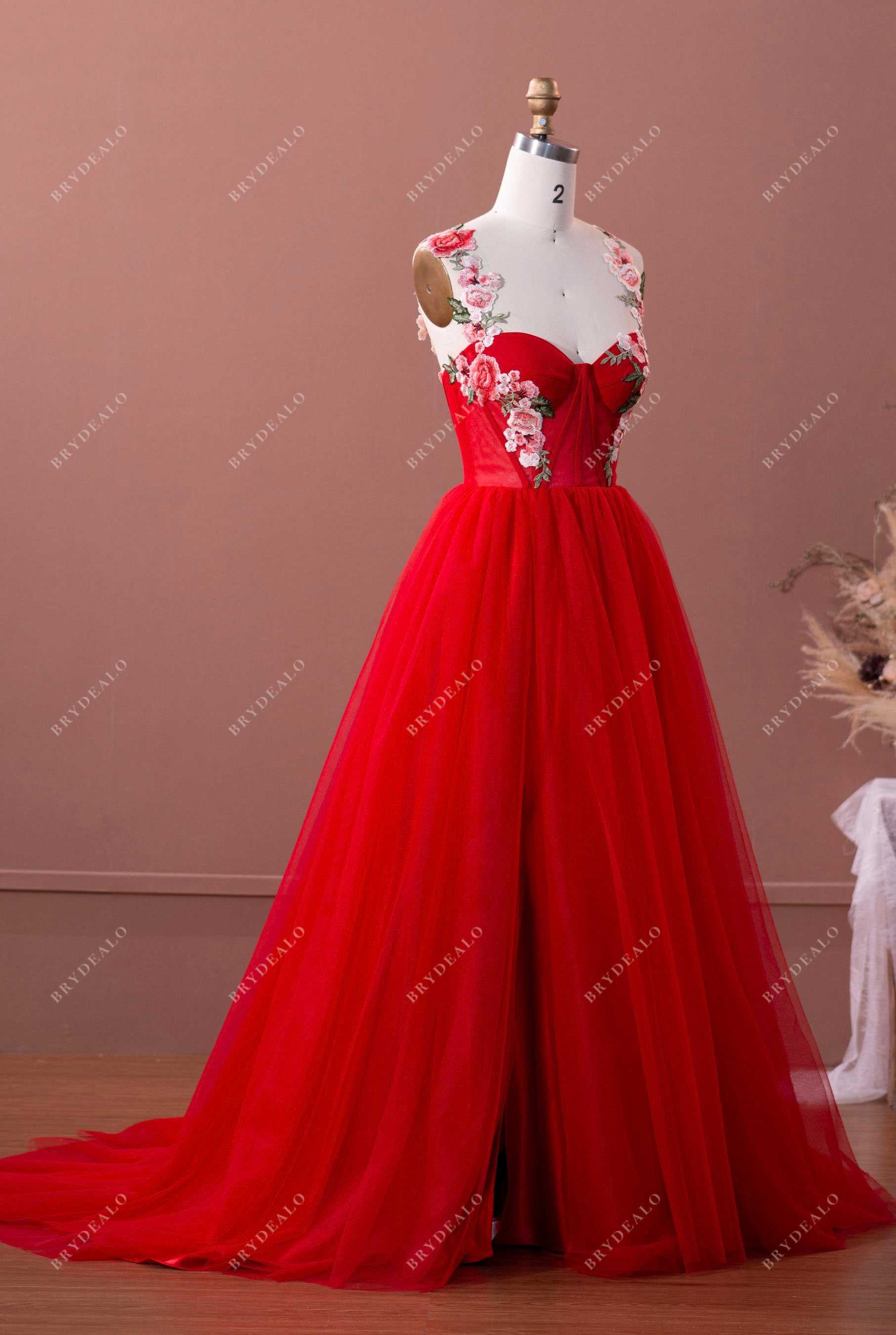 flower straps corset red tulle prom formal dress with slit