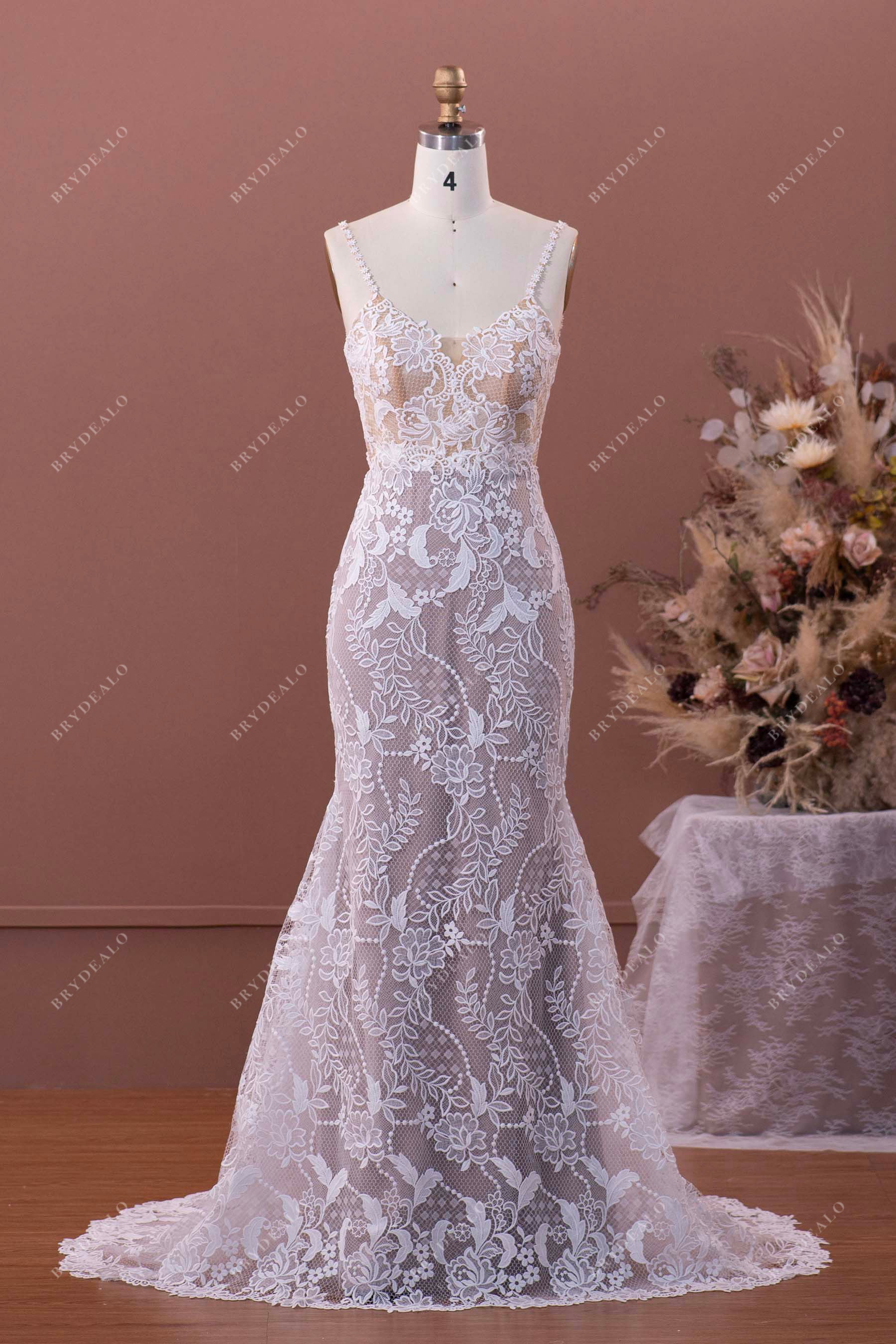 Romantic Flower Straps Lace Mermaid Wedding Dress Light Ivory