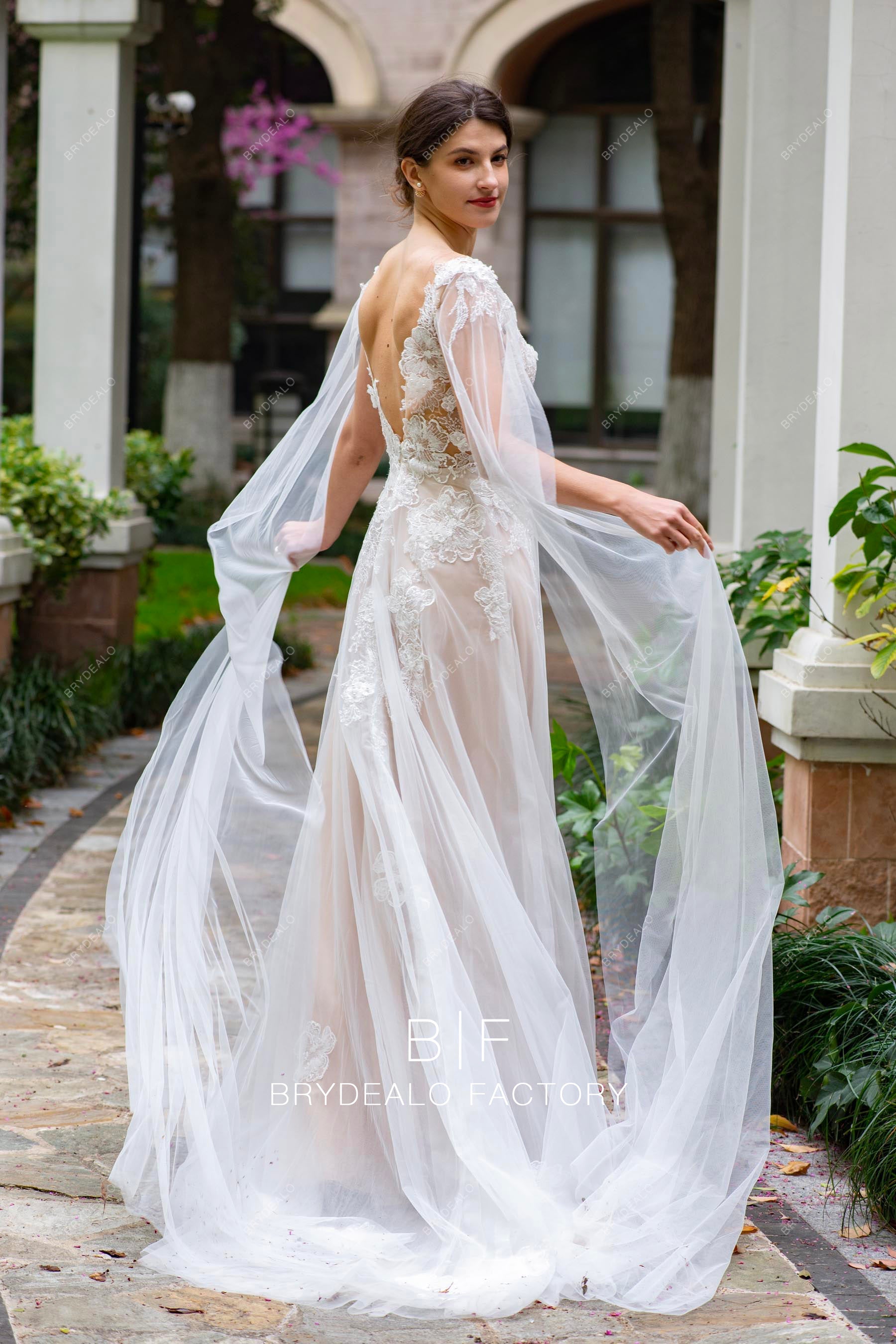 flowy shoulder panel wedding dress