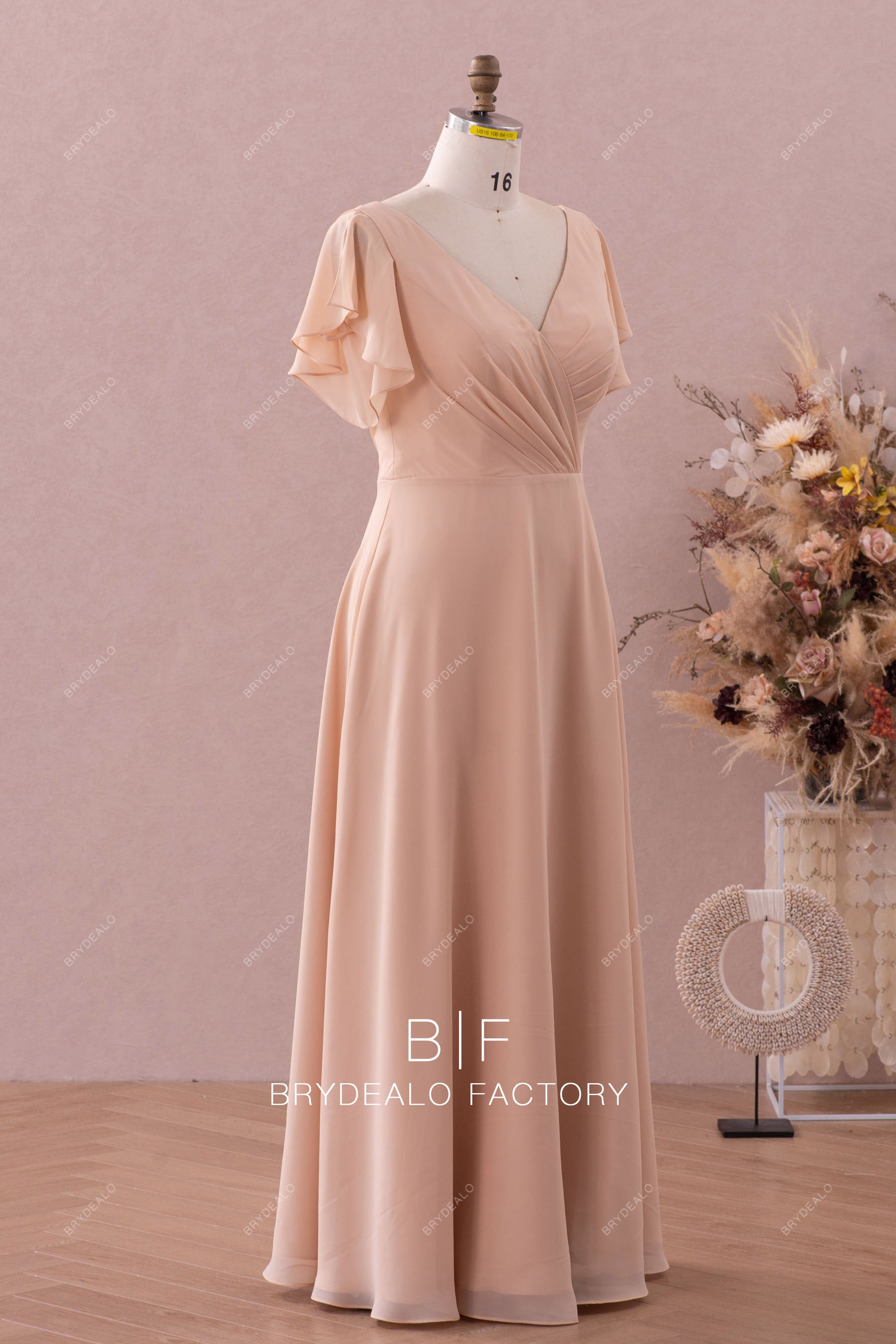 flutter sleeve champagne bridesmaid dress