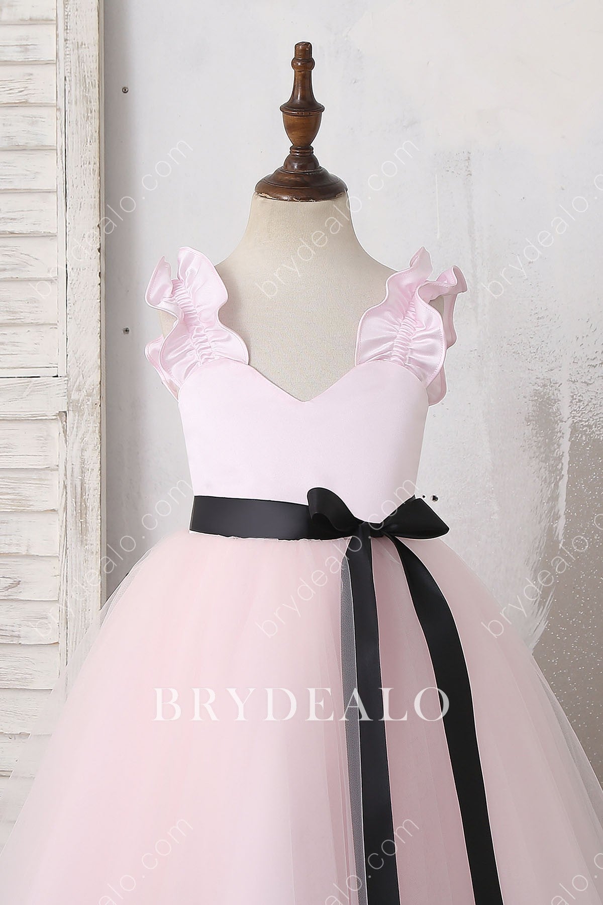 Pink Ruffled Straps Tie Bow Flower Girl Dress