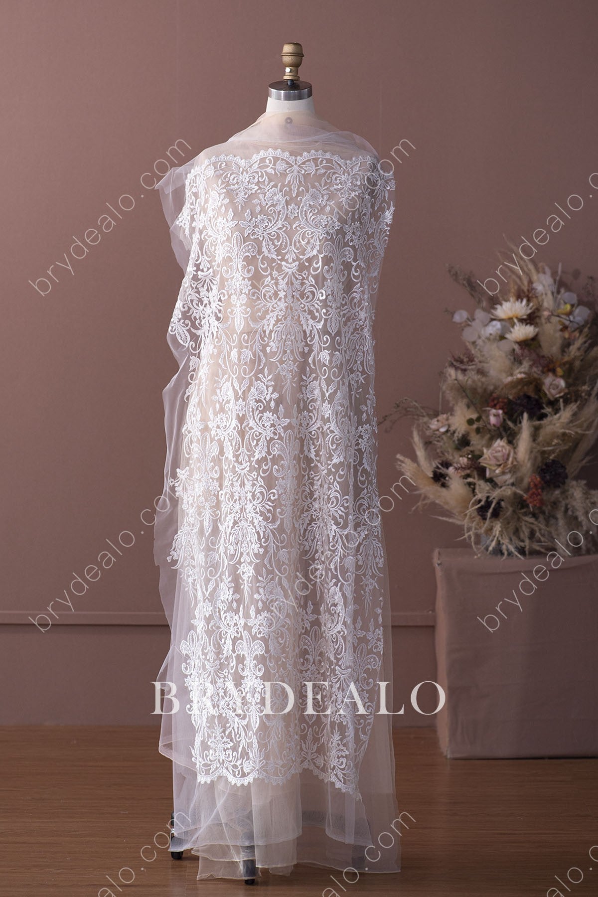 Gleaming Sequin Stems Double Border Lace Fabric