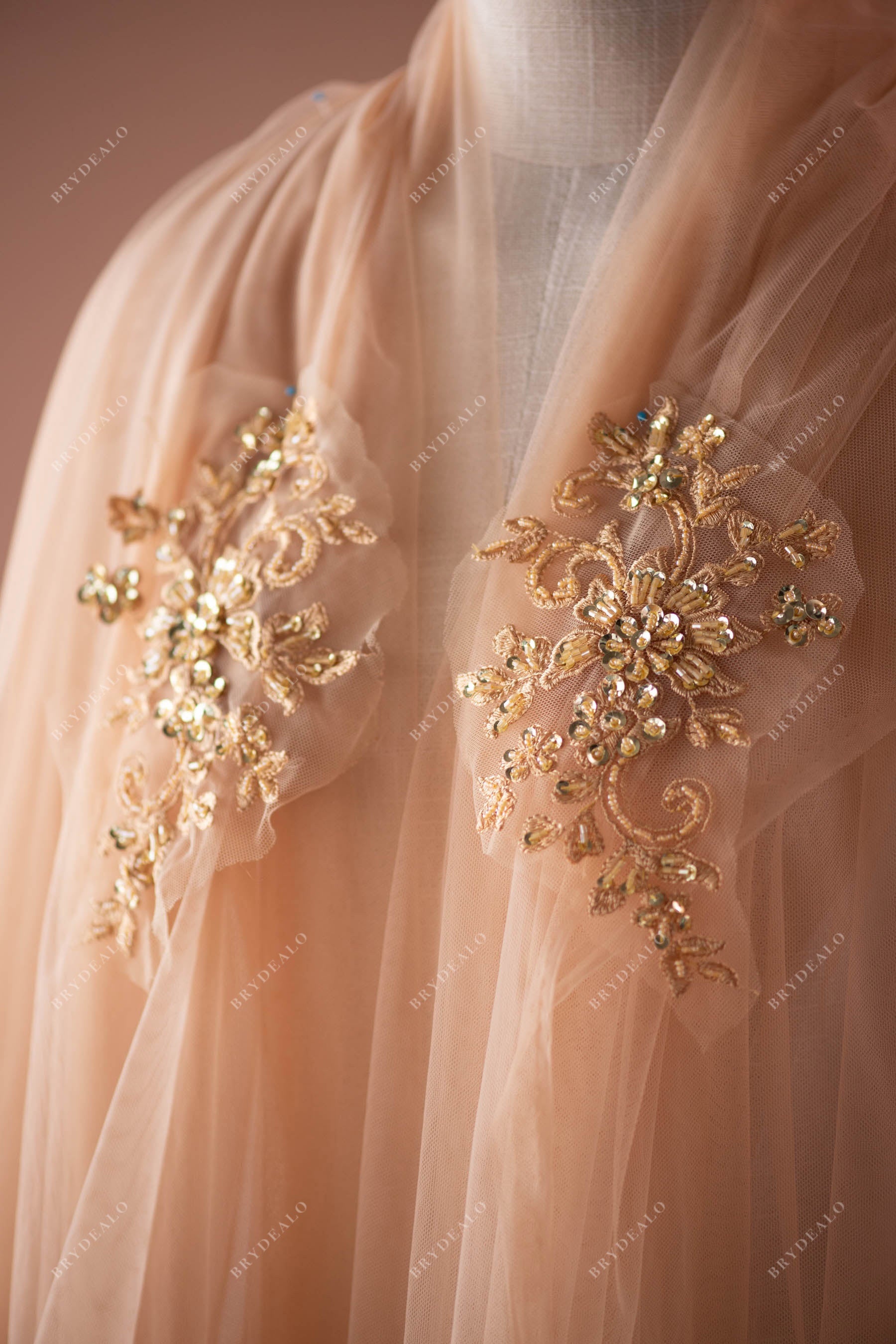 Ornate Gold Beaded Bridal Lace Appliques for Wholesale