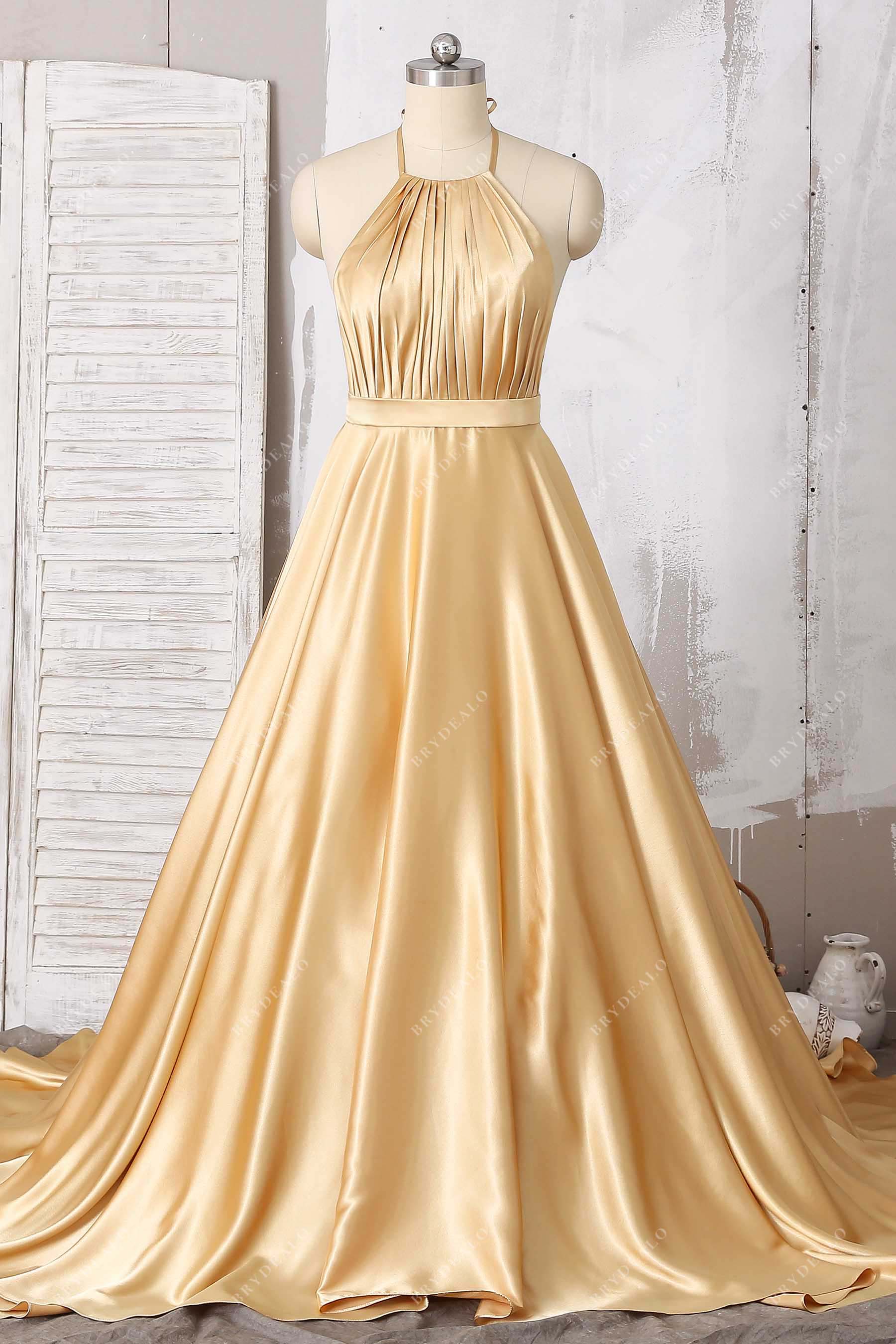 Sassy Gold Satin Halter Open Back Bridesmaid Gown Sassy Gold Satin Halter Open Back Bridesmaid Gown