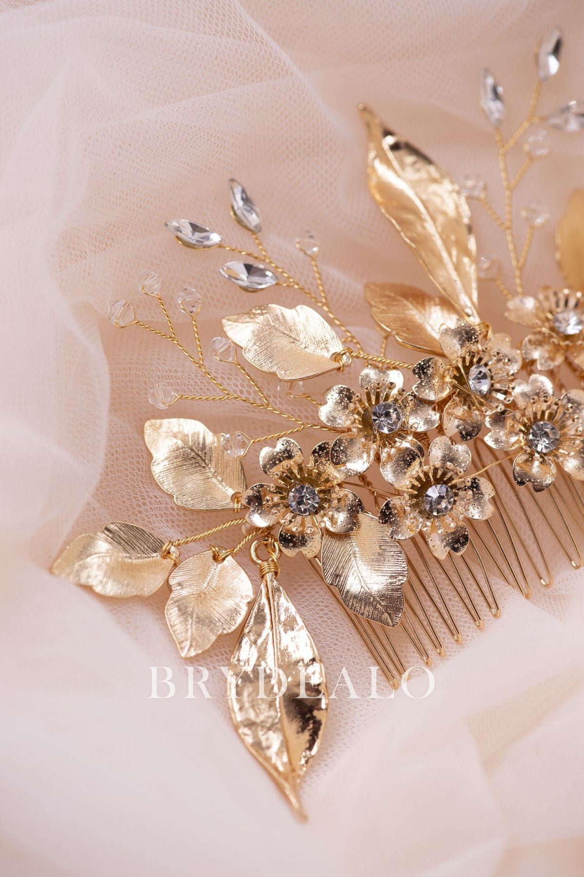 Ornate Gold Flower Leaf Bridal Comb