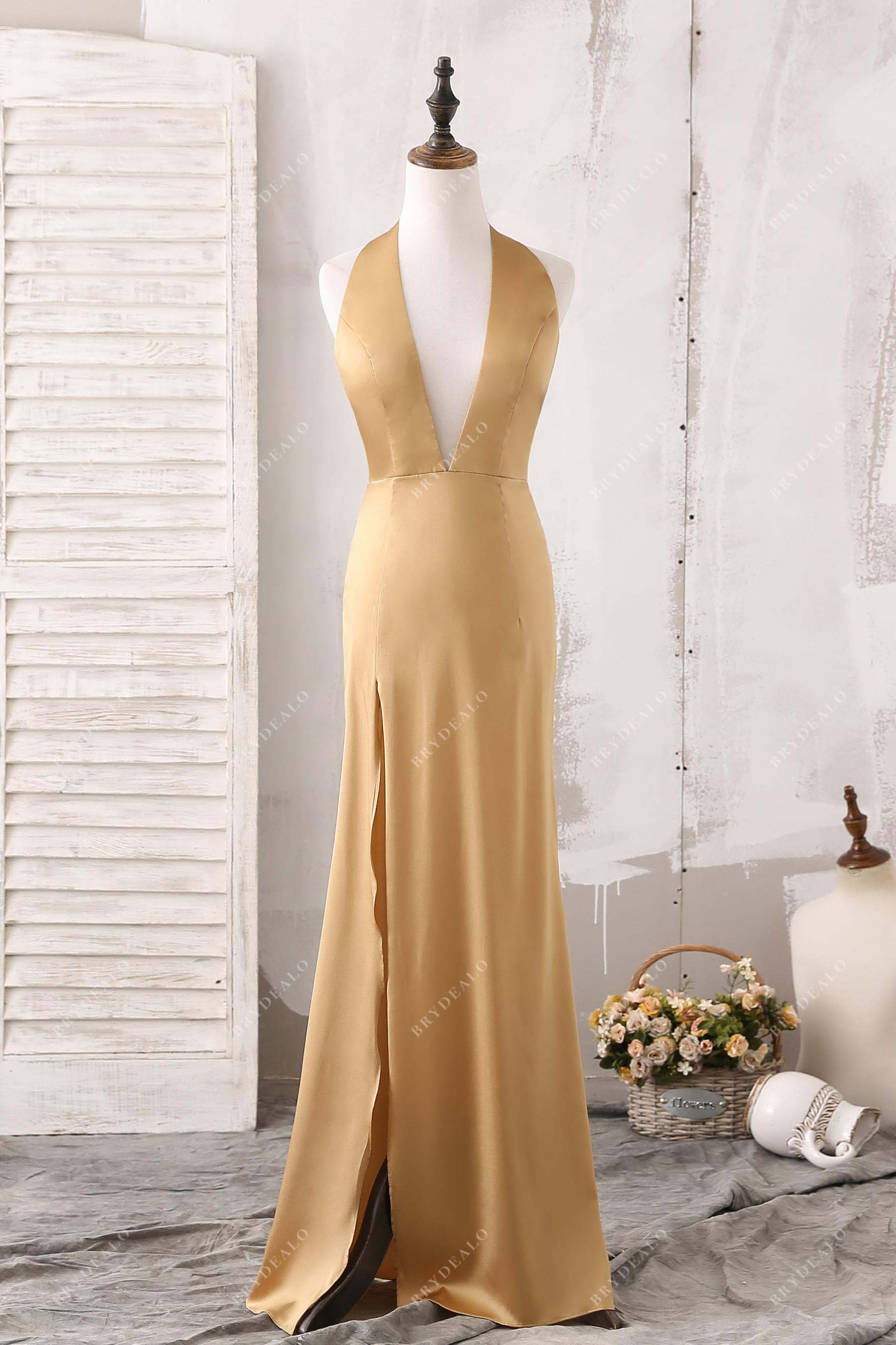 gold halter plunging open back evening dress