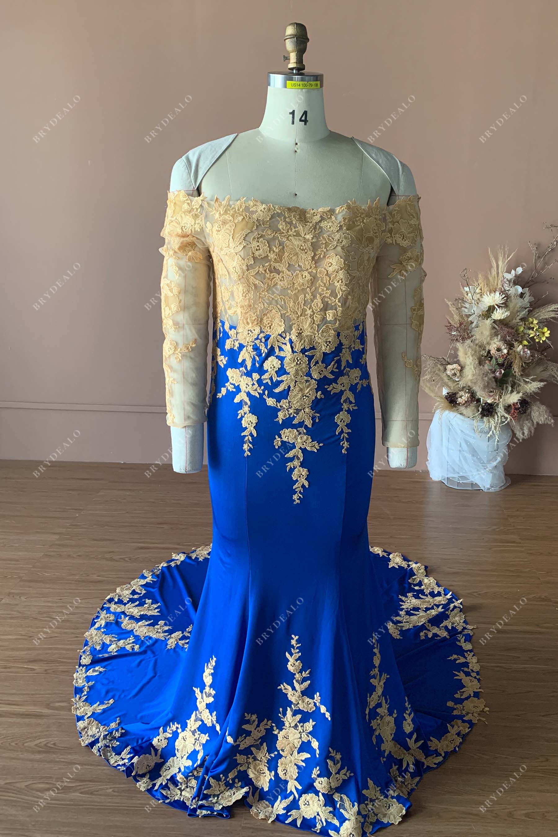 Designer Royal Blue Jersey Gold Lace Wholesale Prom Dress Designer Royal Blue Jersey Gold Lace Wholesale Prom Dress