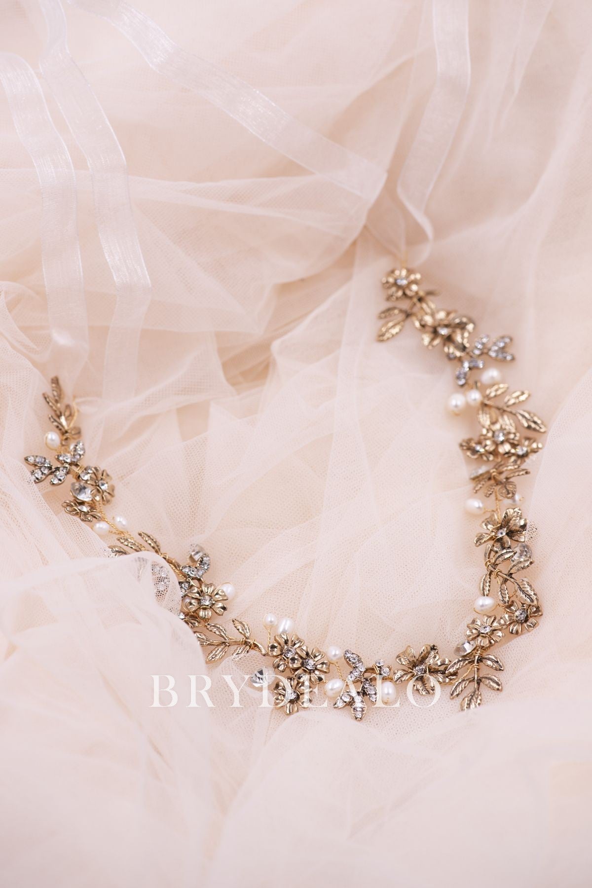 Gold Leaf Pearls Rhinestones Bridal Wire Headband