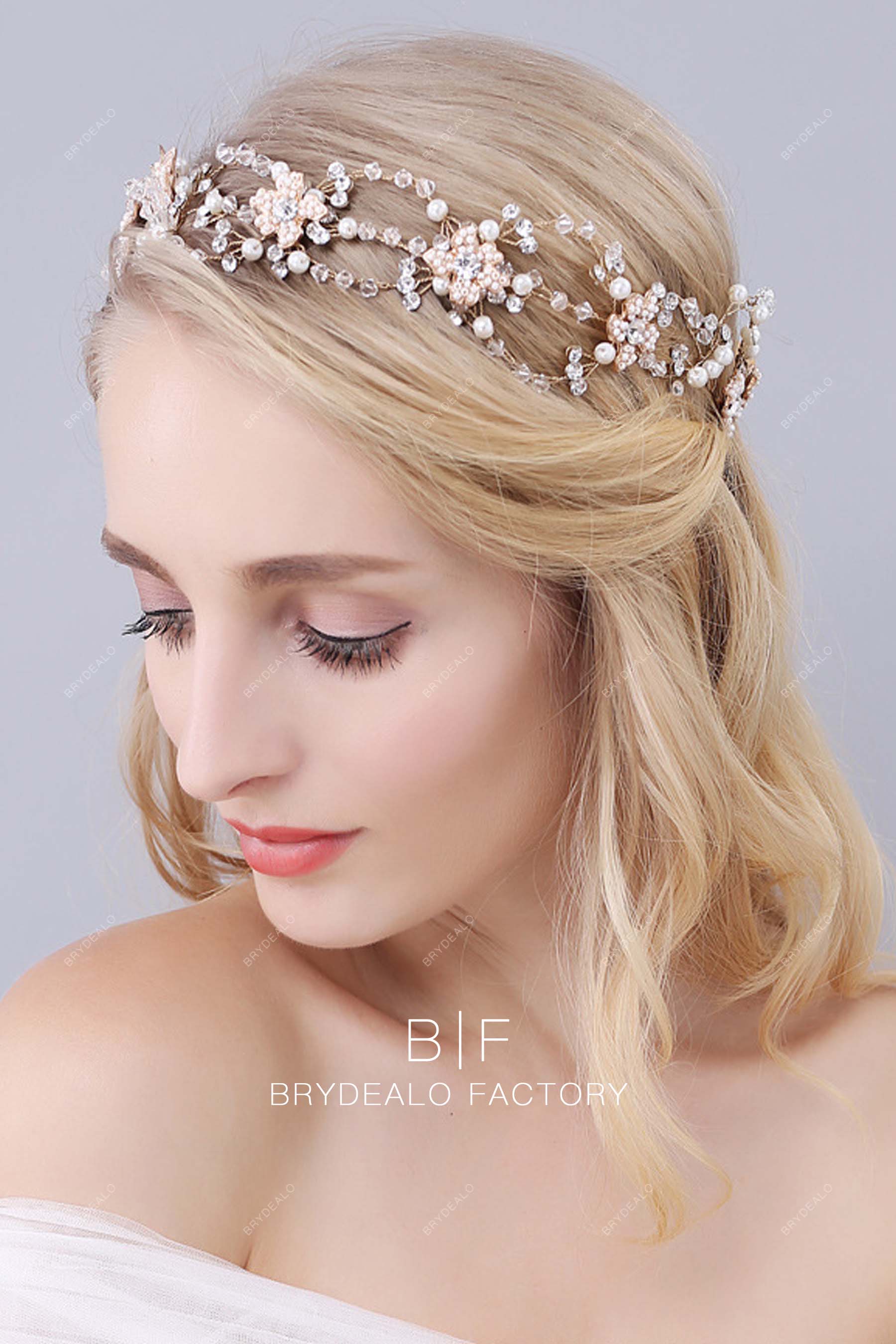 Wholesale Gold Metal Leaf Clear Beading Crystals Bridal Headpiece