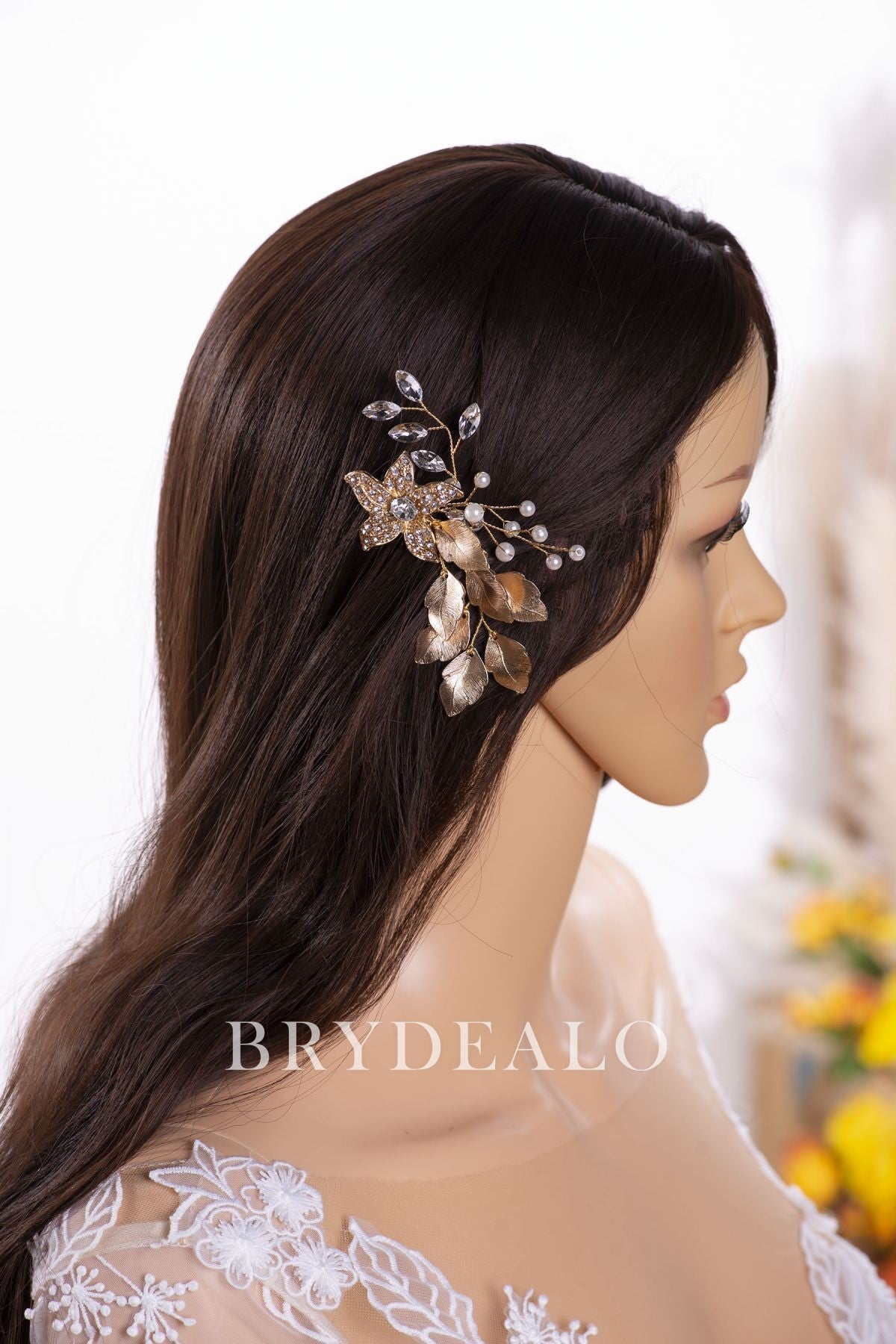 Stylish Metallic Flower Leaf Rhinestones Comb for Wholesale