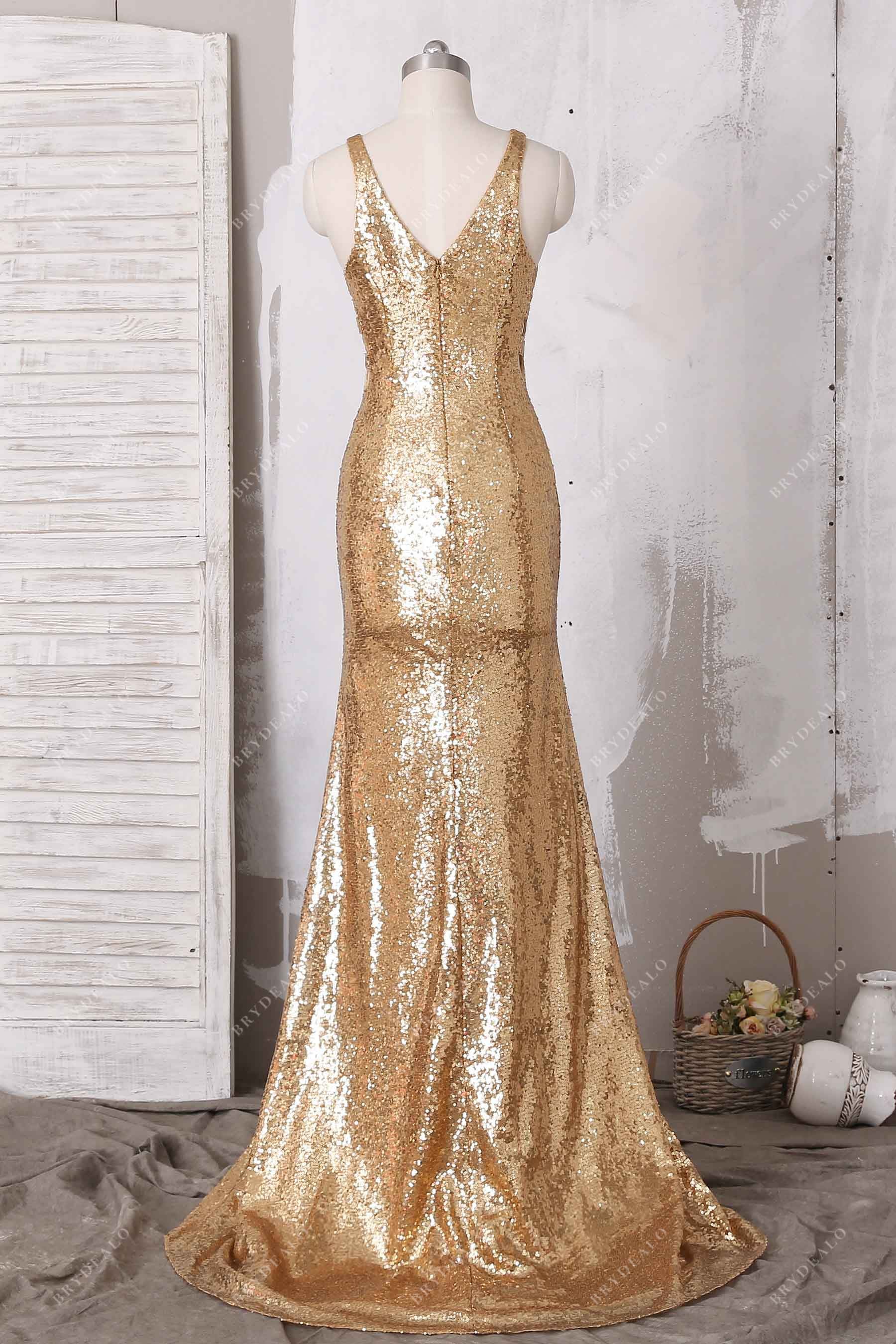 gold sequin V-back prom dress