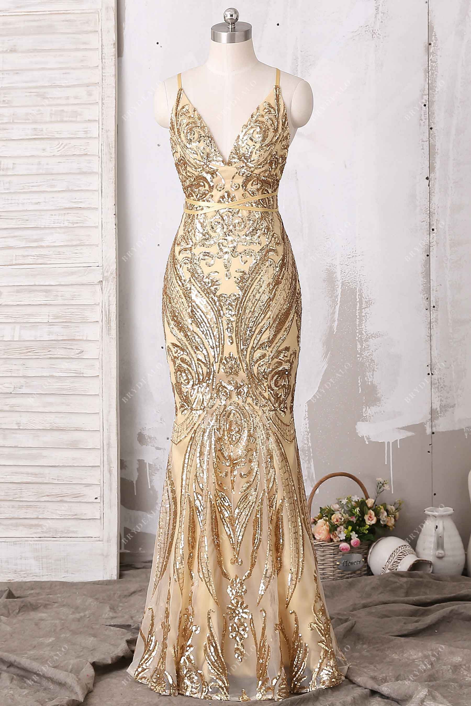 Gold Sequin Spaghetti Straps Mermaid Prom Dress