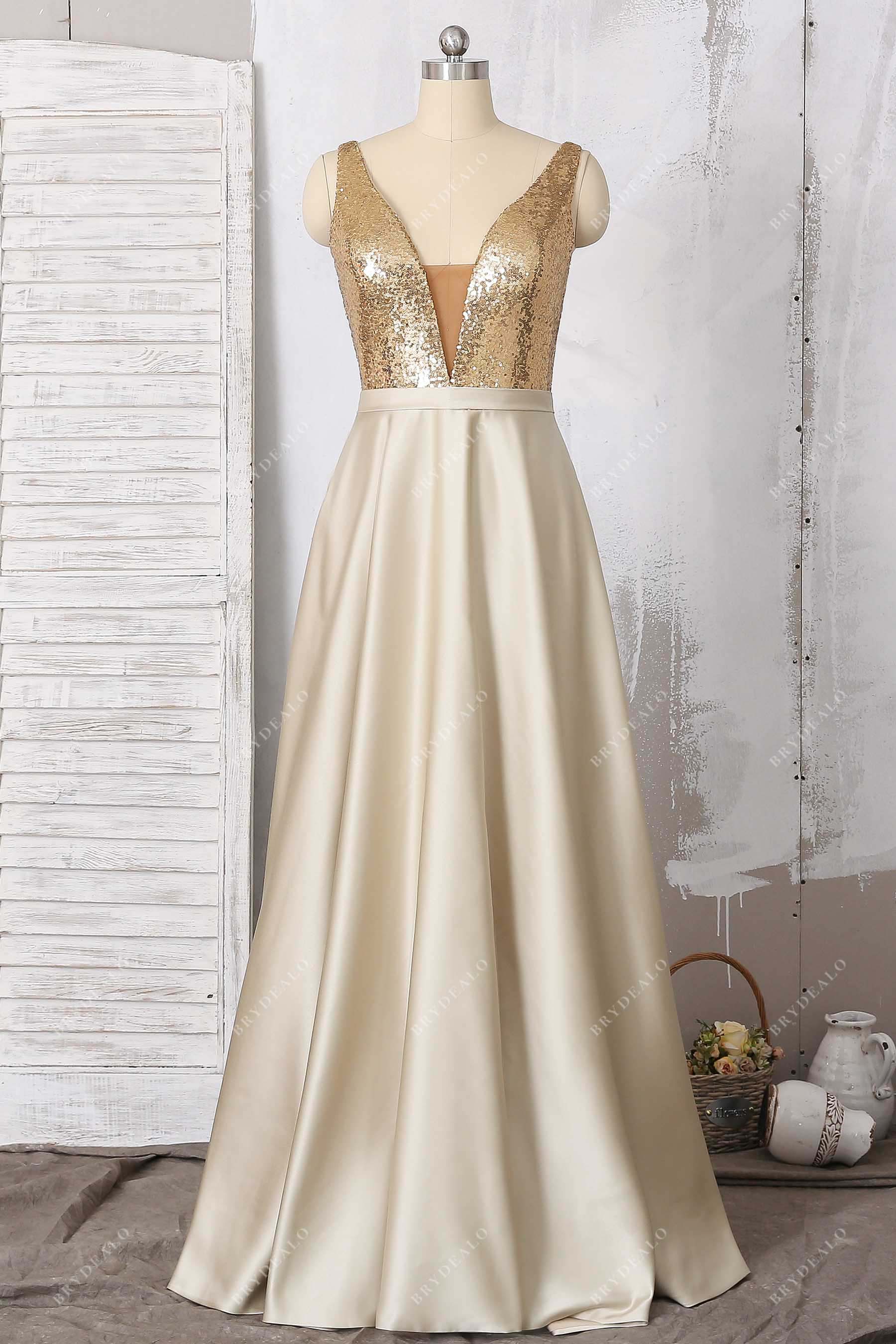 Gold Sequin Satin Plunge Prom Dress with Pockets Gold Sequin Satin Plunge Prom Dress with Pockets