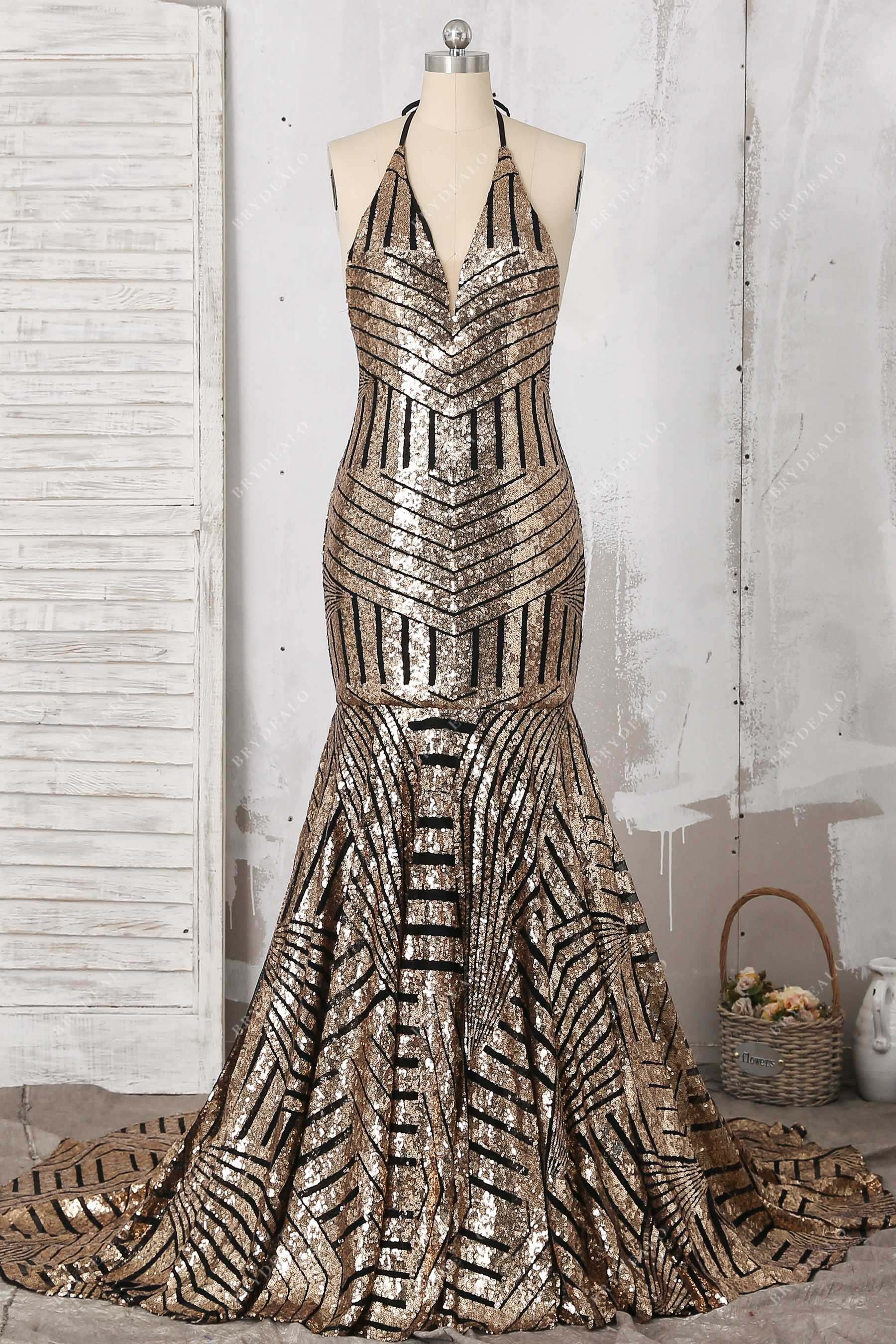 gold sequin halter neck black mermaid prom dress
