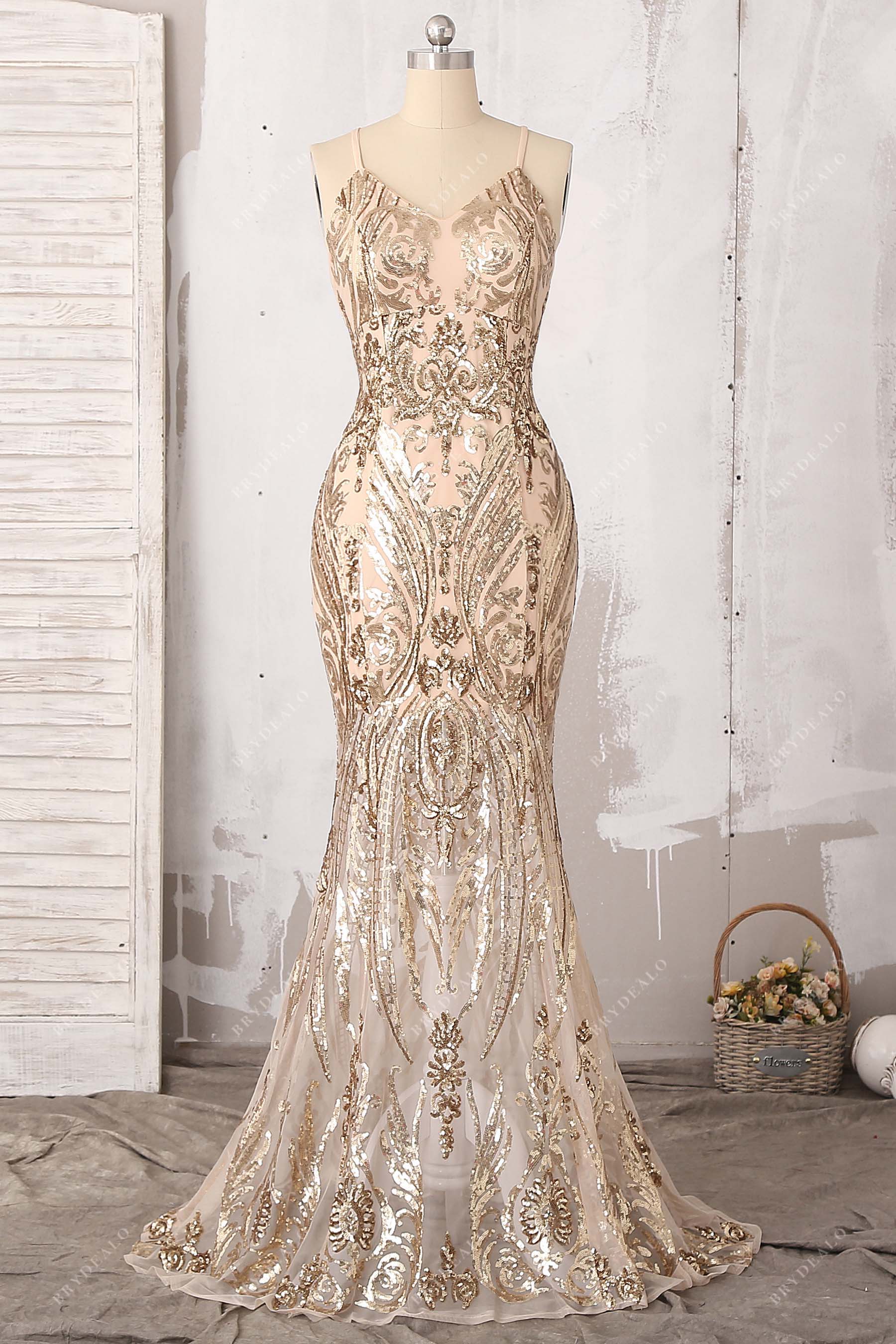 gold unique sequin fit and flare prom dress