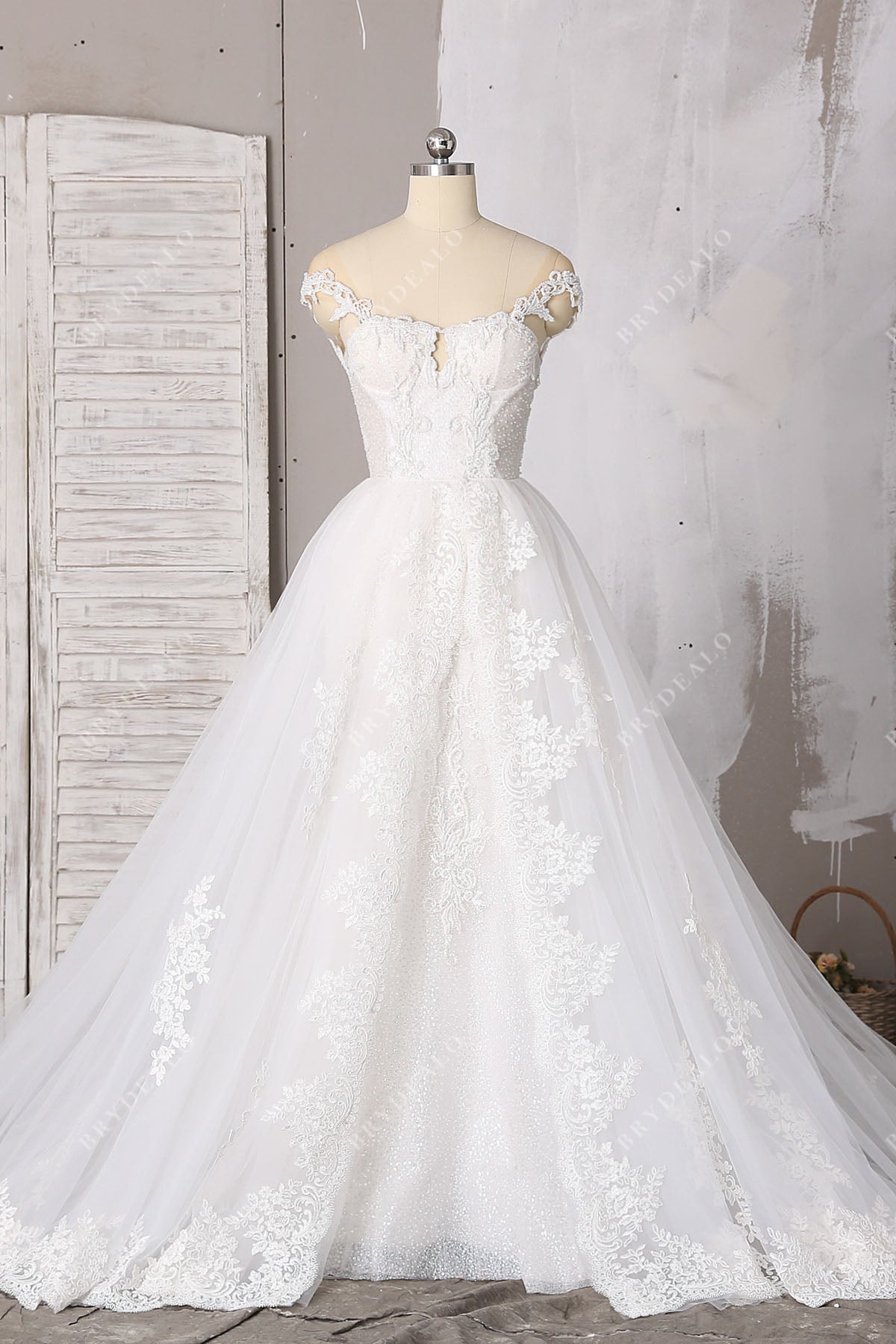 gorgeous beaded lace off-shoulder mermaid bridal dress with overskirt