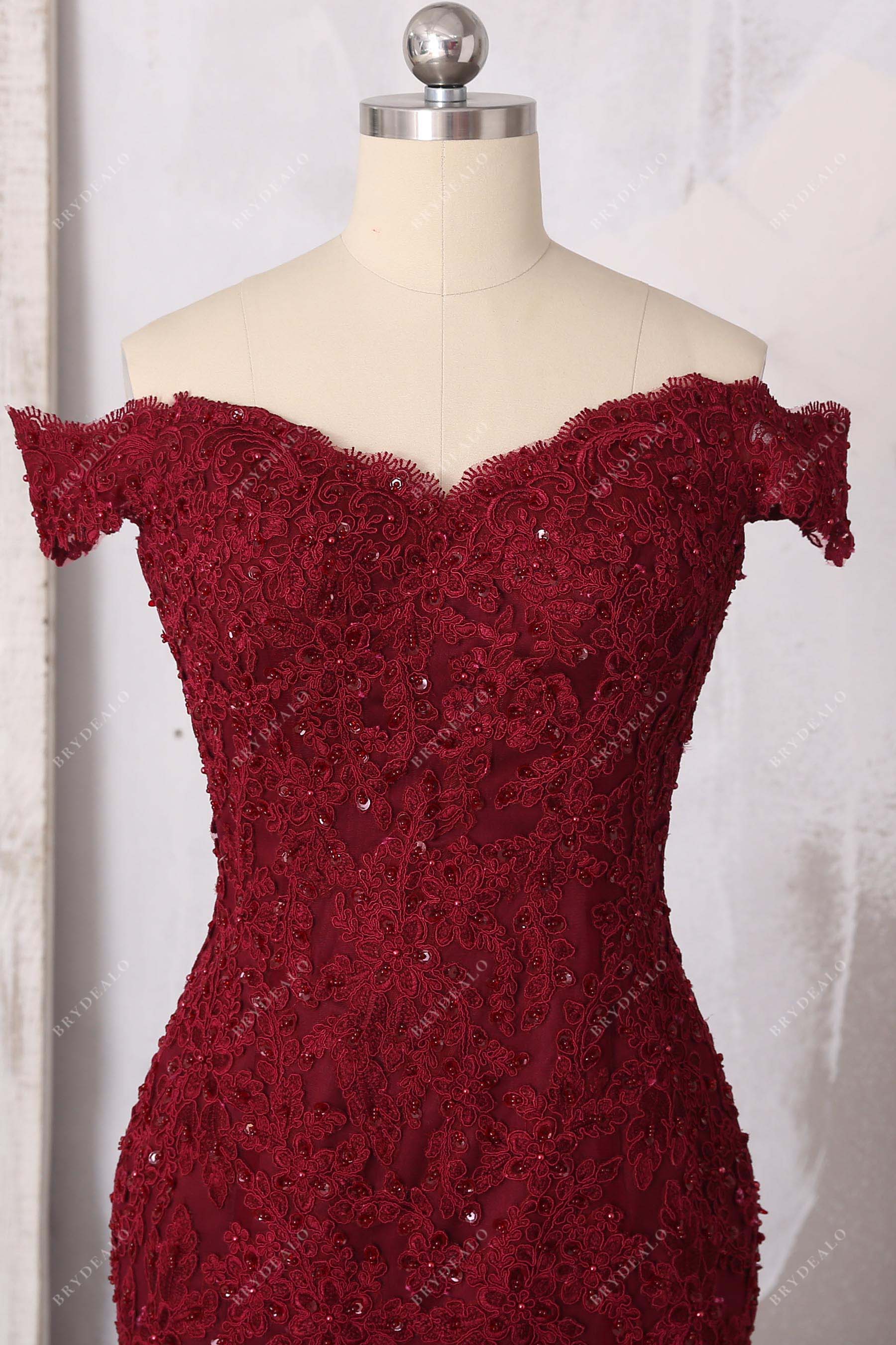 gorgeous burgundy beaded lace off-shoulder gown