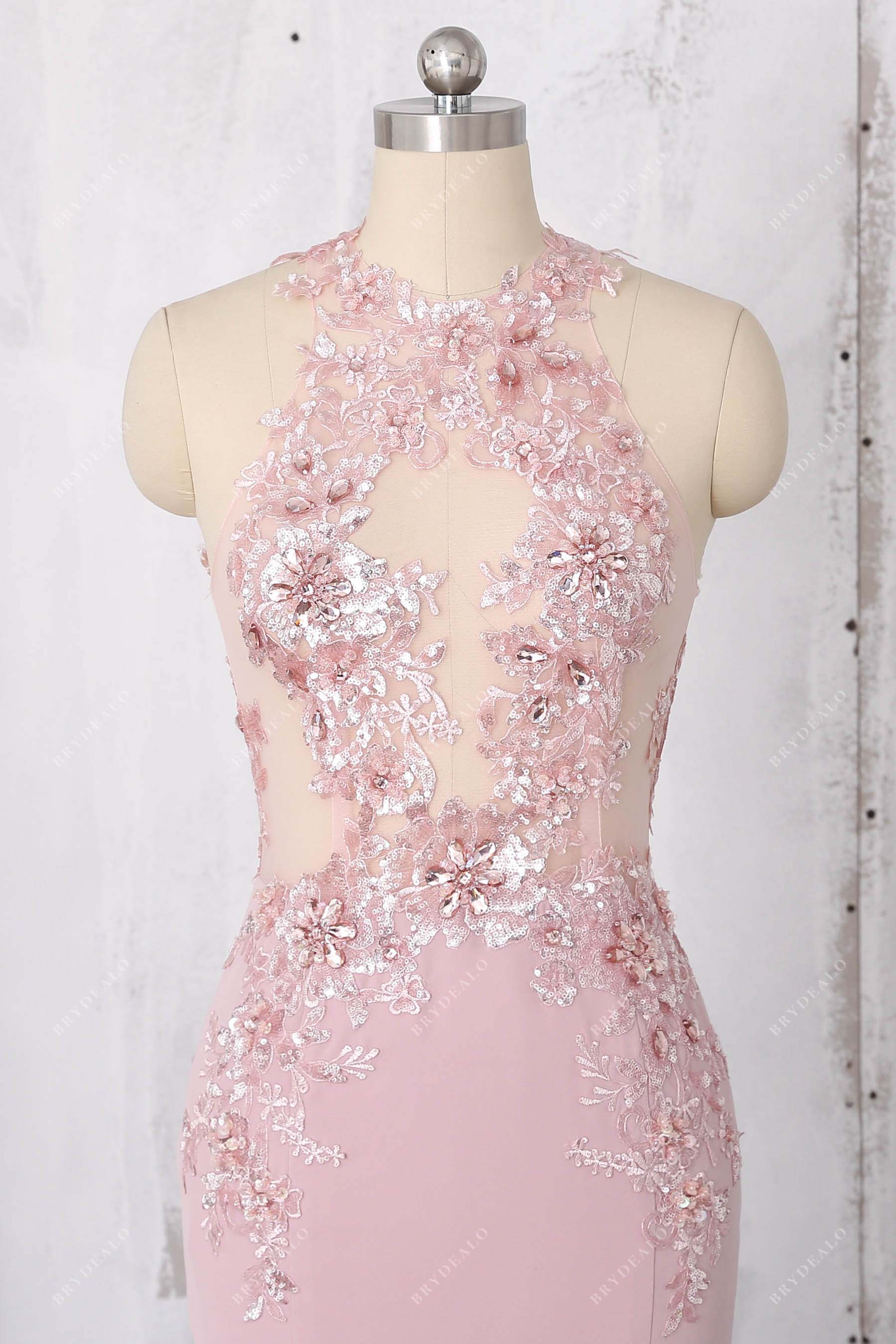 gorgeous sequined lace halter prom gown