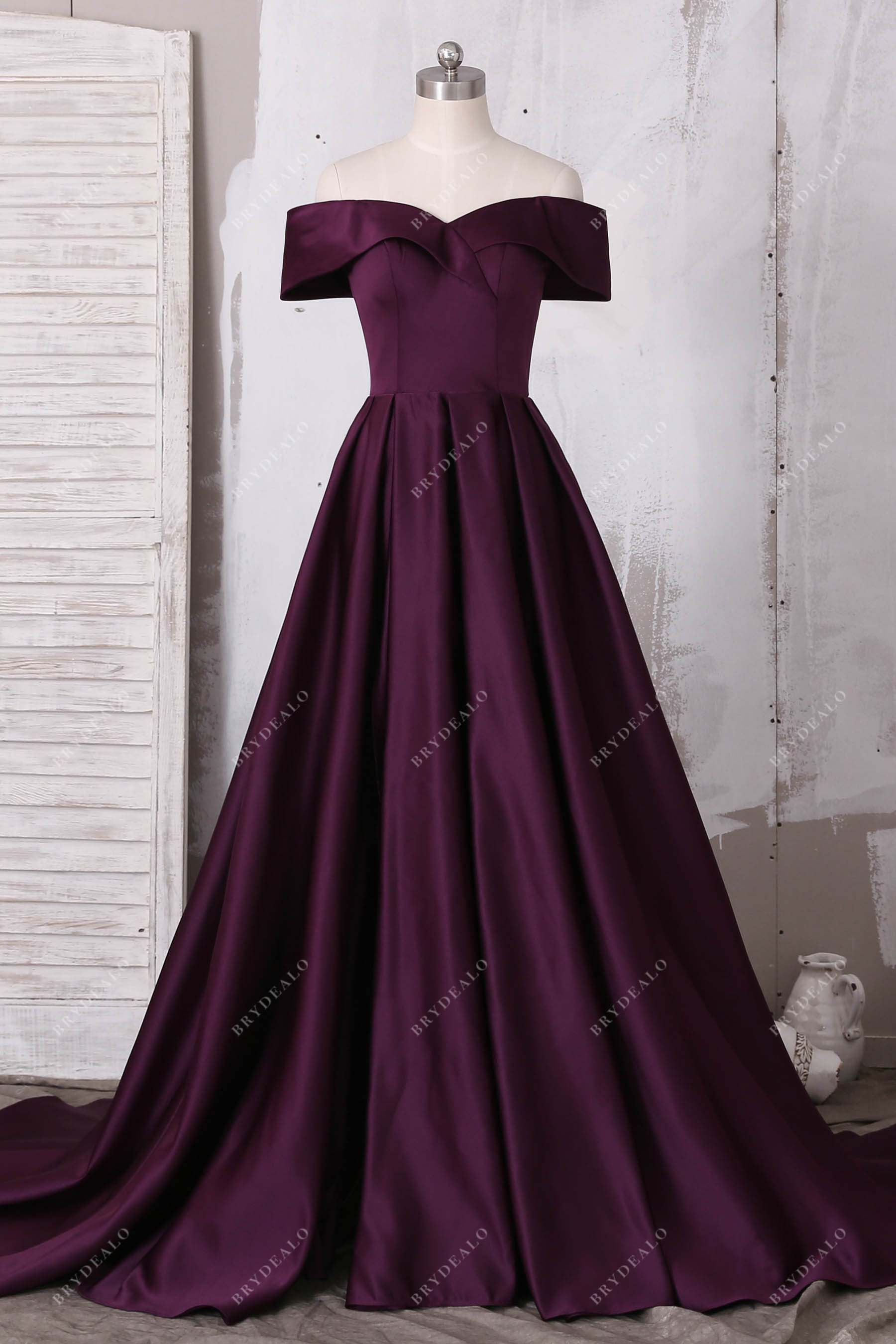 grape off shoulder satin prom dress