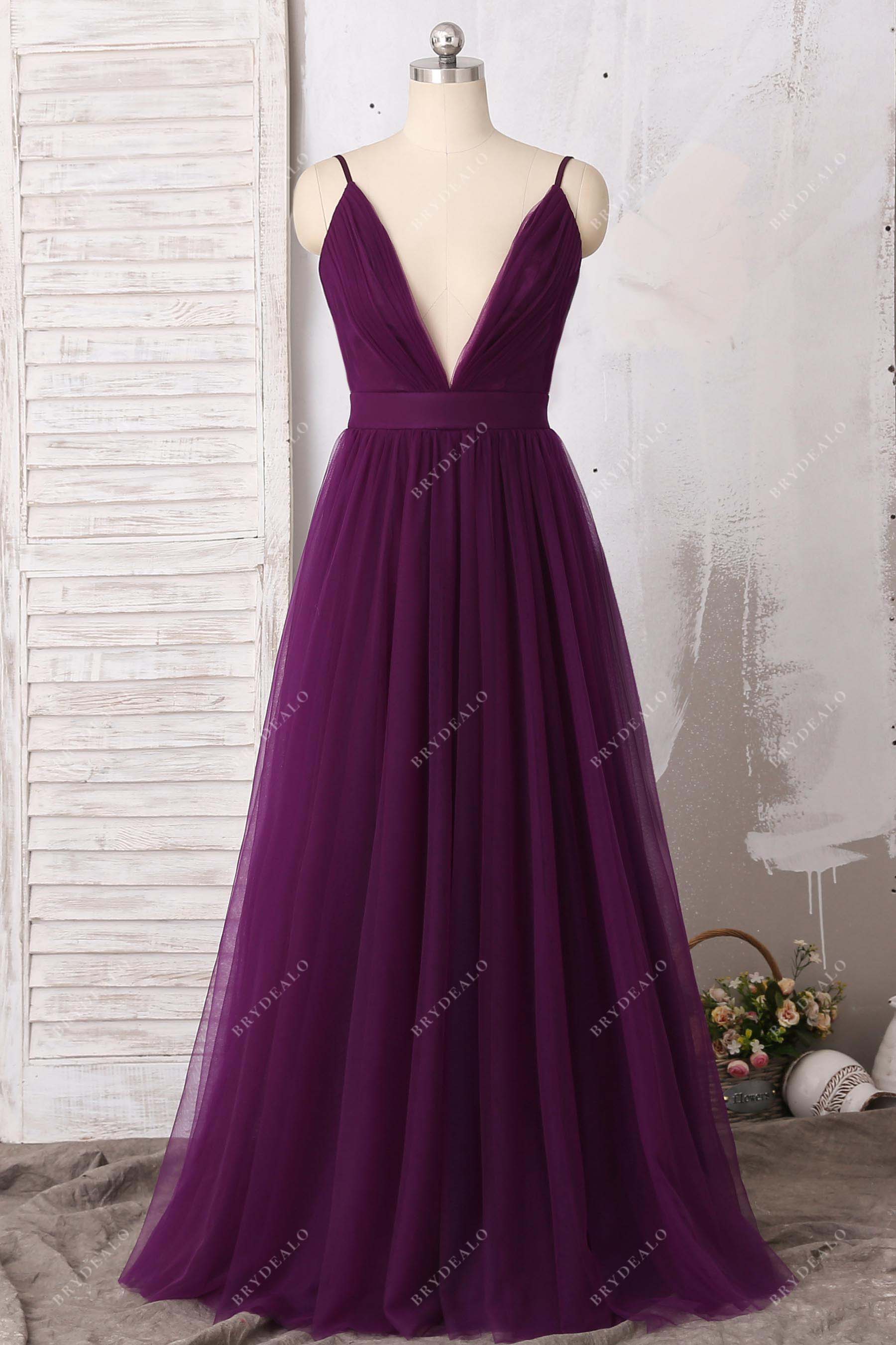 grape plunging halter tulle A-line prom dress