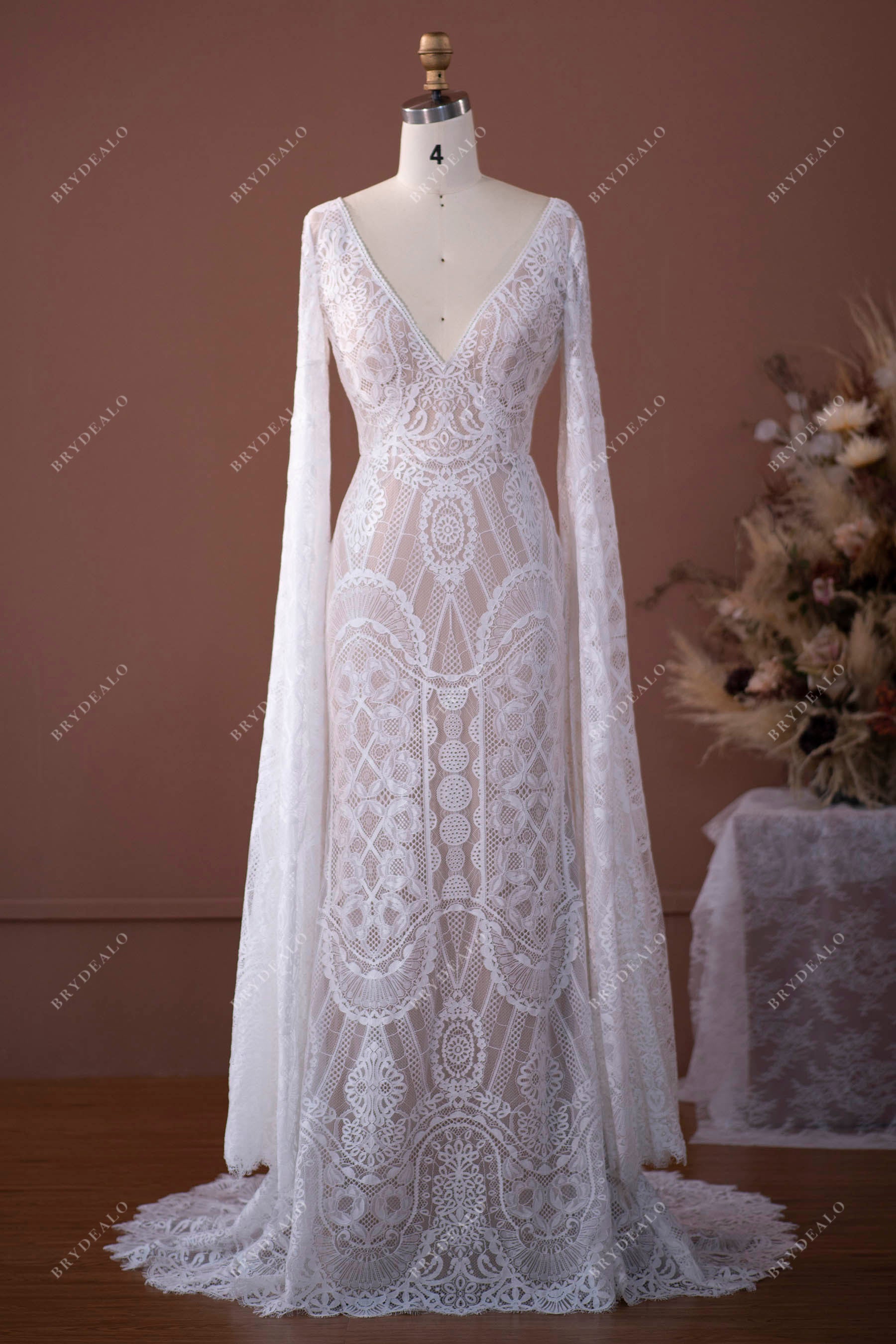 Elegant Lace Dramatic Sleeve Boho Wedding Gown Light Ivory