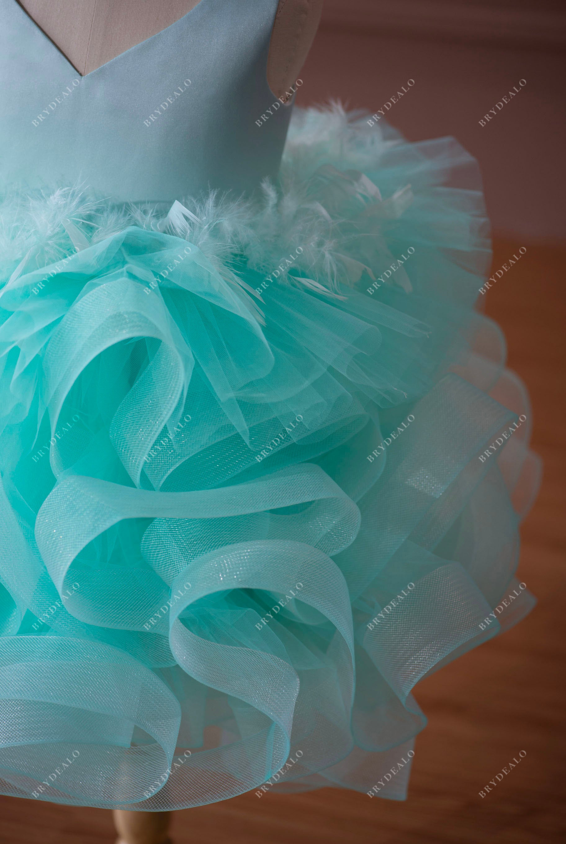 green satin ruffled tulle knee length flower girl dress