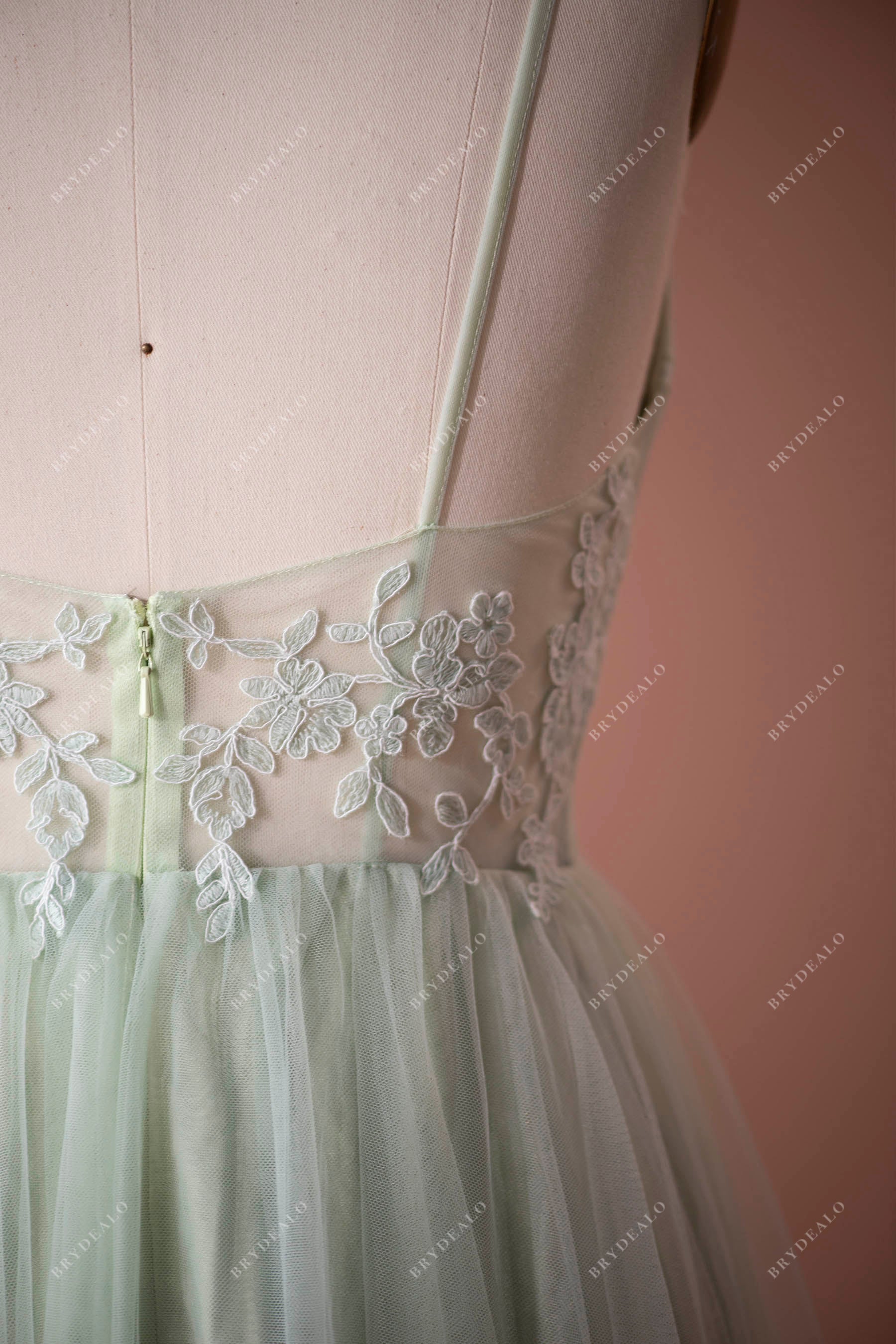 Mint Lace Tulle Thin Strap Bridesmaid Dress