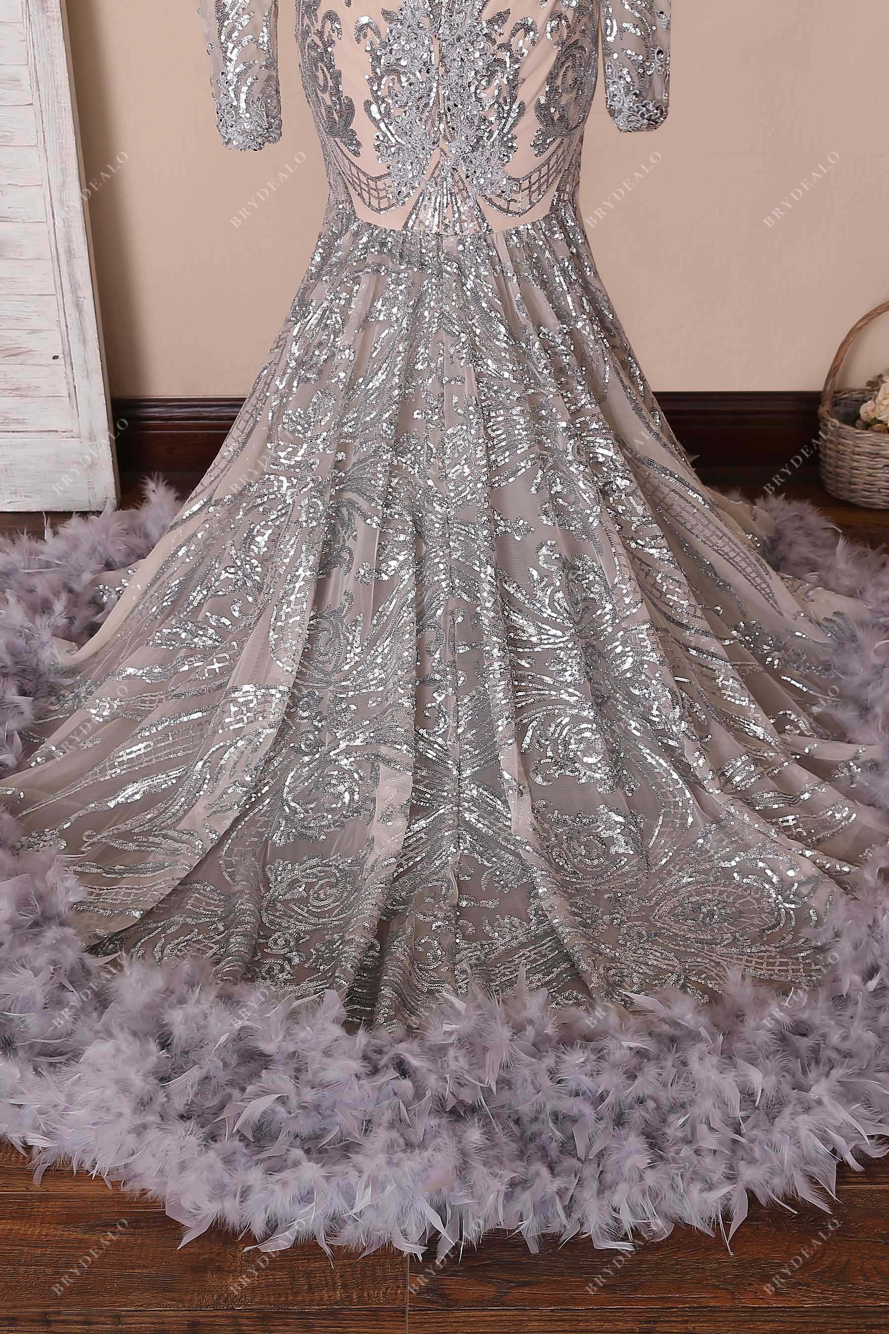grey feathers trumpet prom dress
