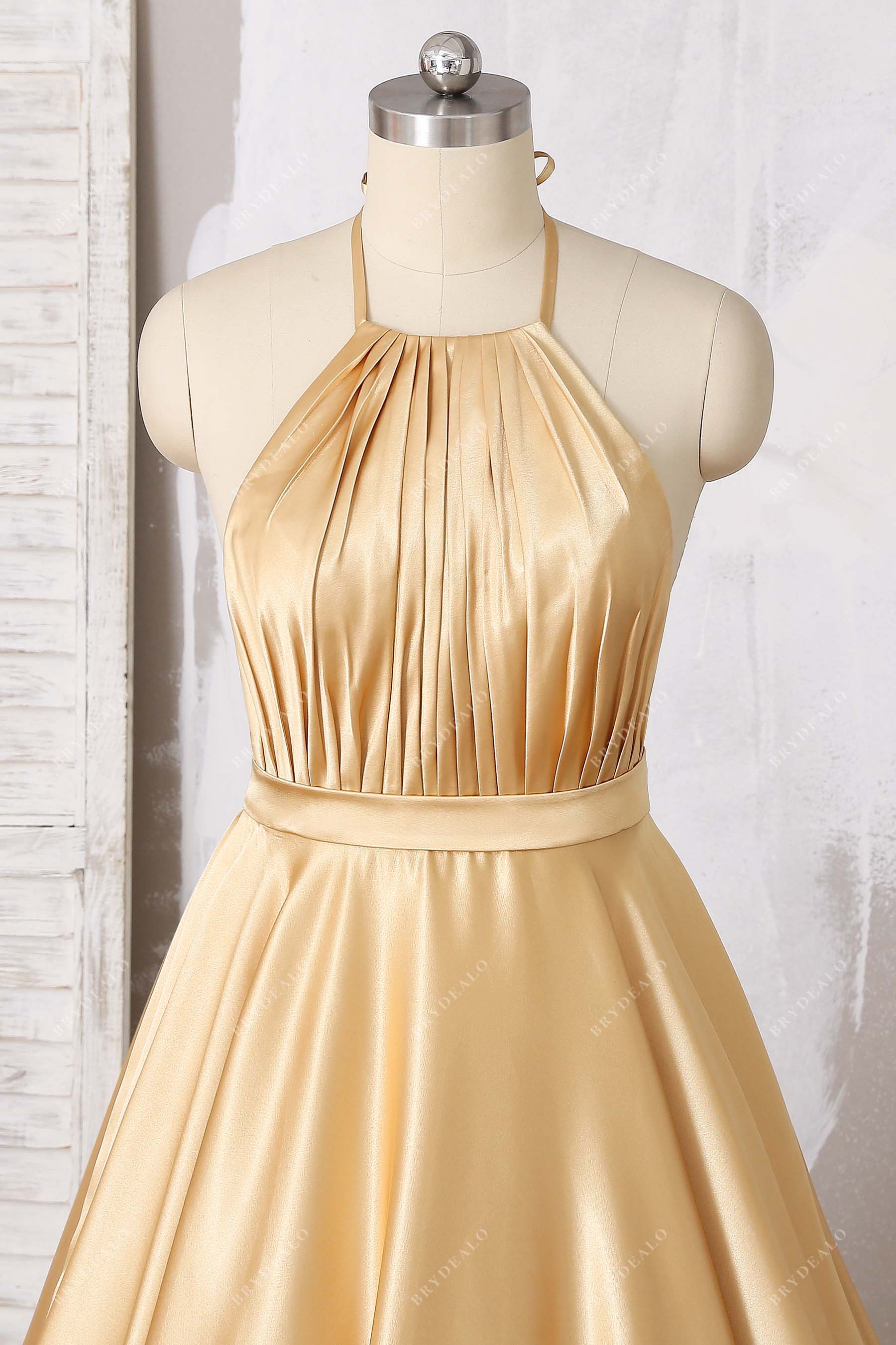 halter charmeuse pleated prom dress