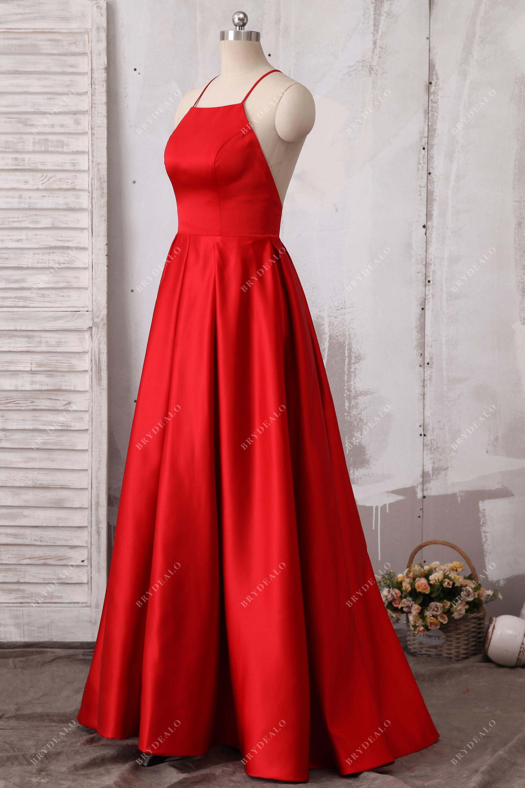 halter neck red satin prom dress