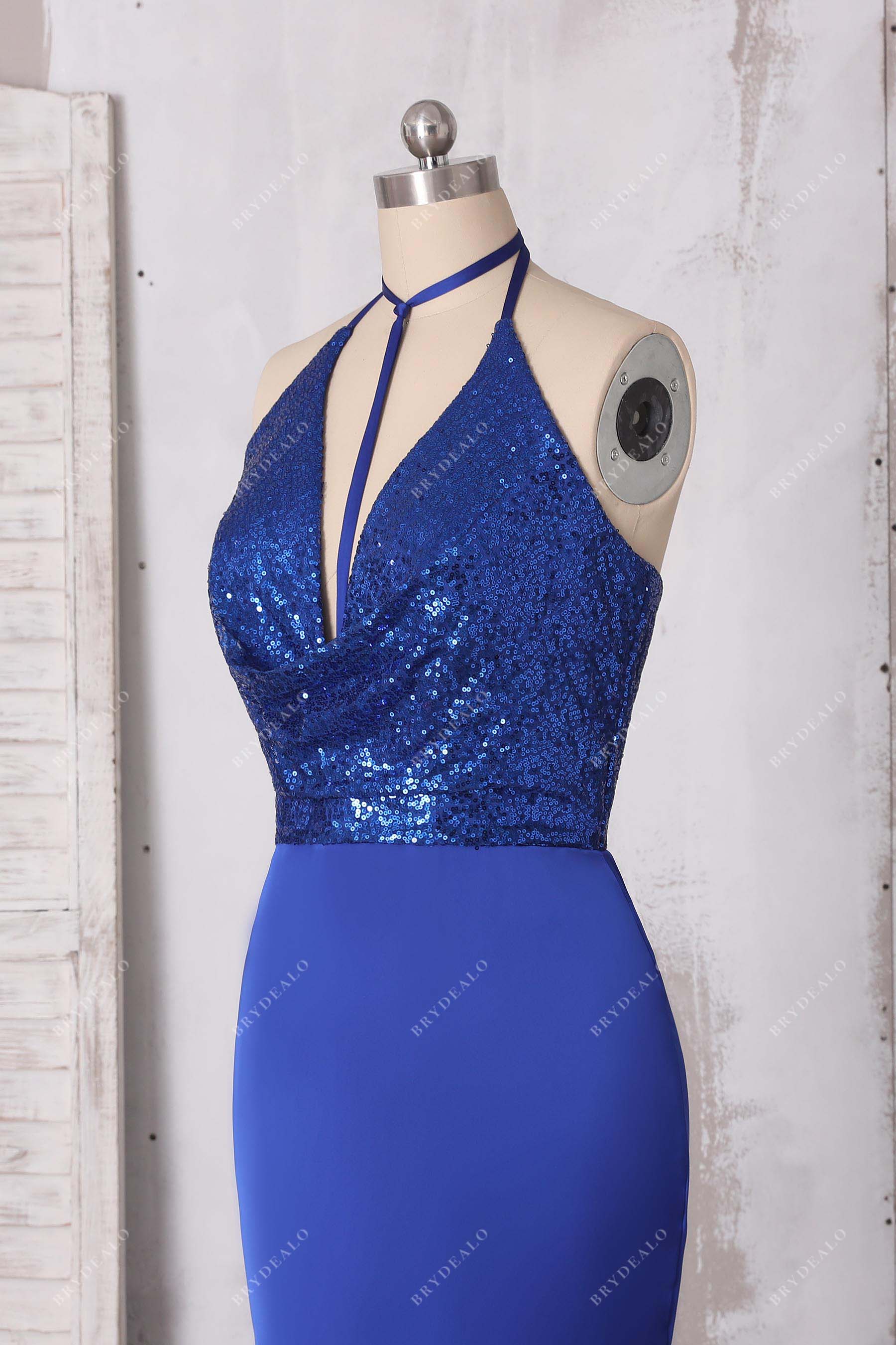 halter neck royal blue sequin prom gown