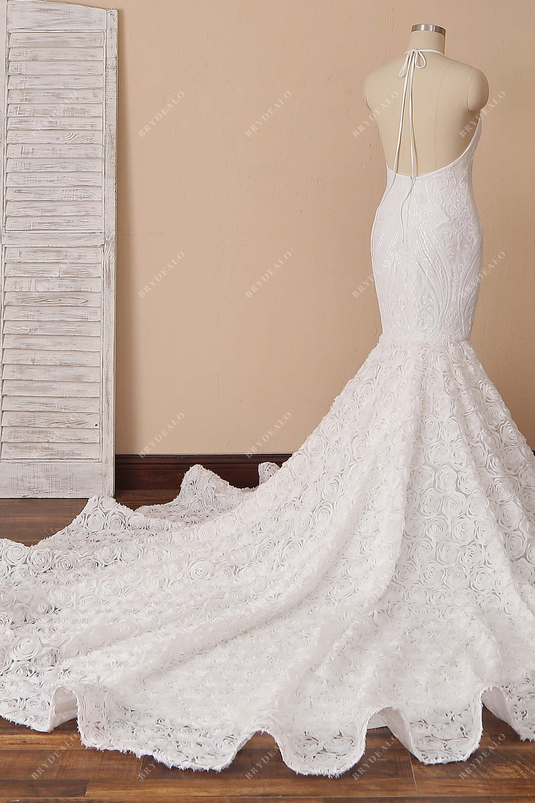 halter open back 3D roses chapel train prom dress