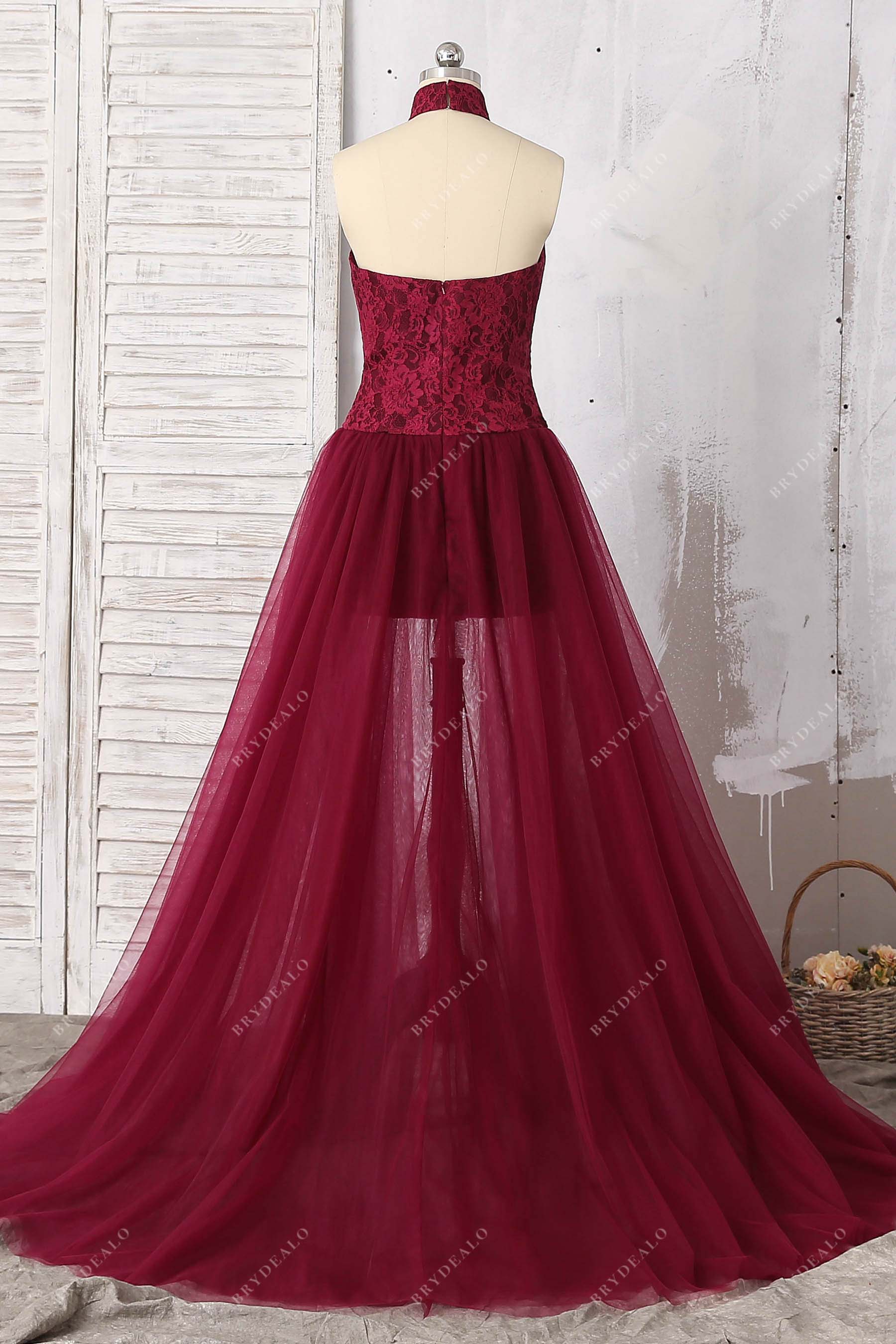 halter open back A-line tulle prom dress